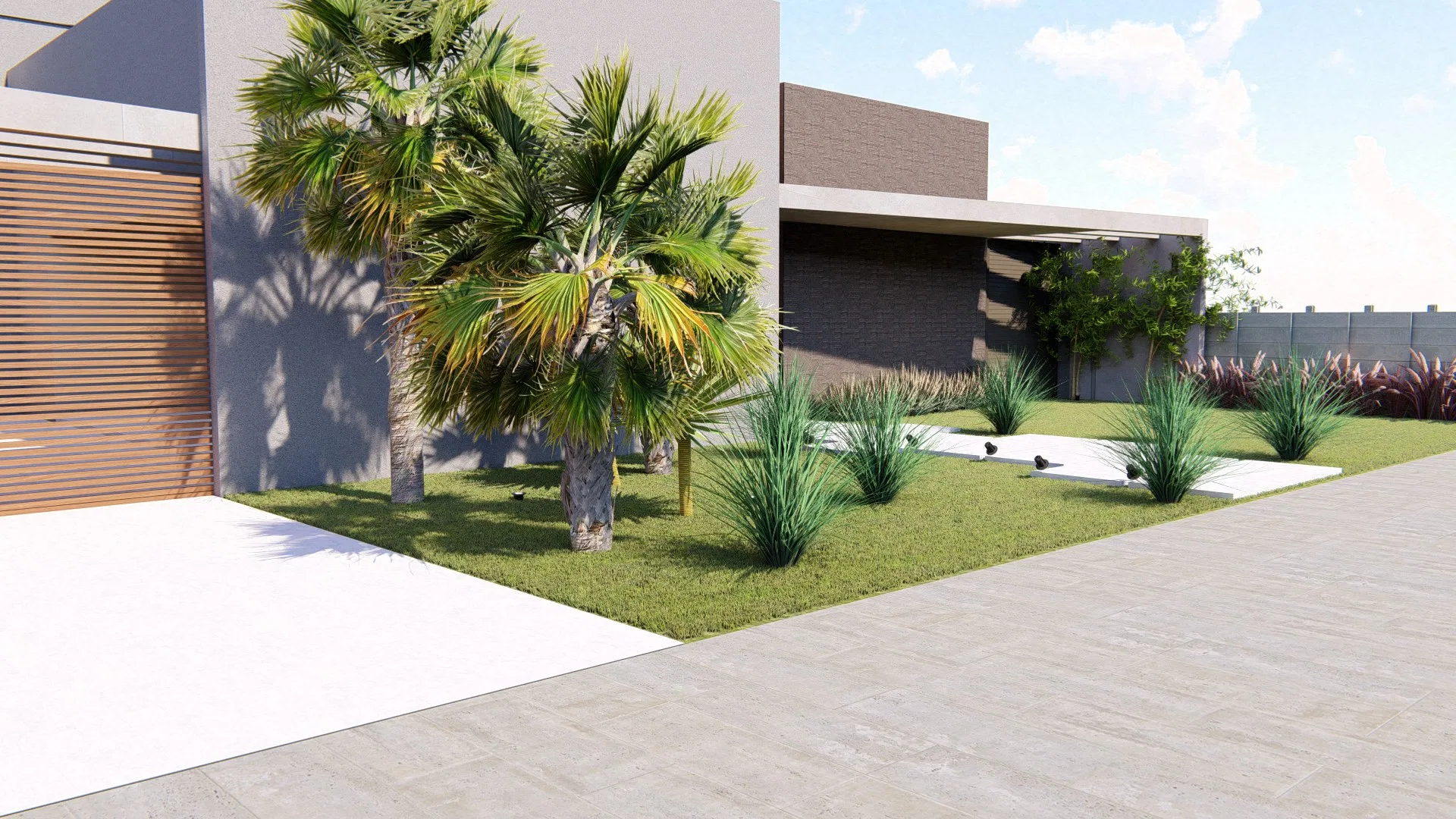 Vista aproximada do jardim de entrada com palmeiras altas, gramíneas ornamentais e caminho pavimentado junto à fachada lateral