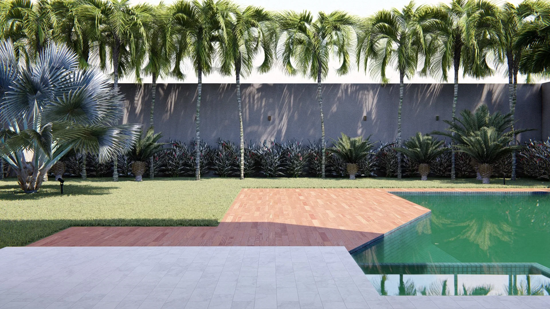 Vista ampla do jardim com piscina em L, deck de madeira e fileira densa de palmeiras encostada ao muro perimetral
