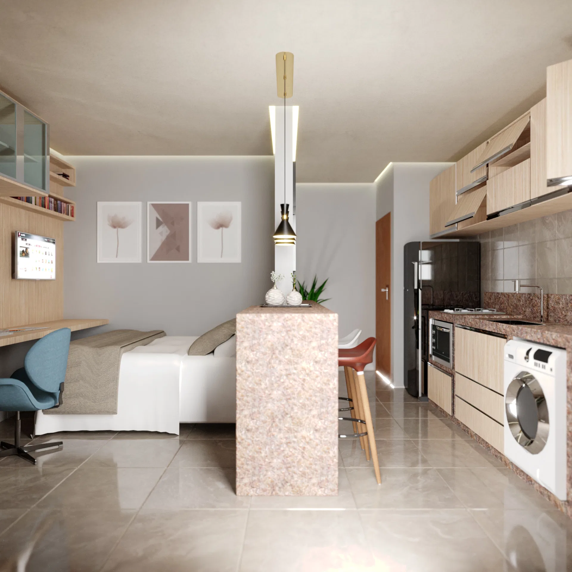 Interior de loft-estúdio compacto com cama, escrivaninha embutida em madeira, cozinha integrada com bancada de pedra e uma península com banqueta vermelha