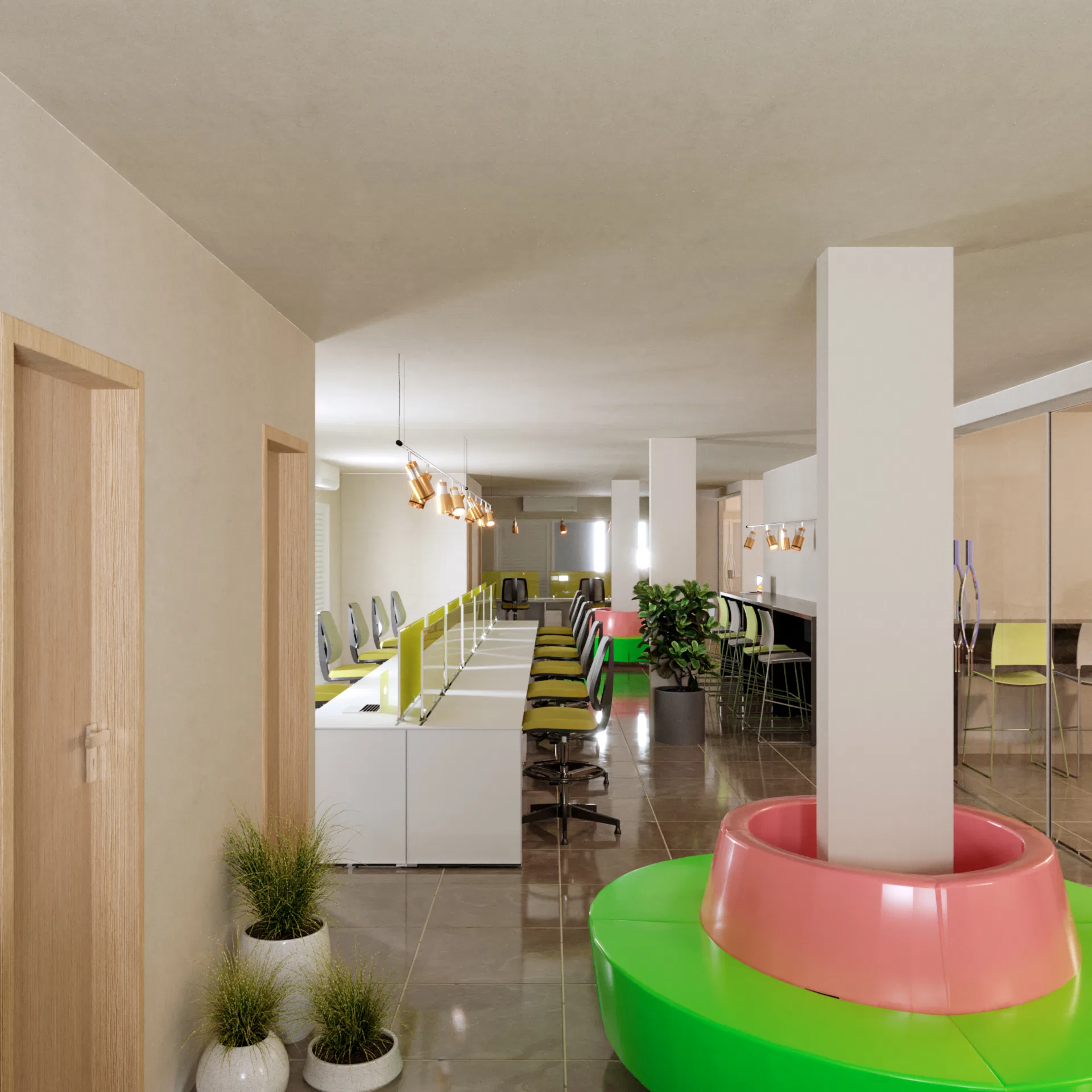 Espaço de coworking com longas bancadas brancas e cadeiras verde-limão, um banco curvo verde e rosa em torno de um pilar e vasos de folhagem no piso