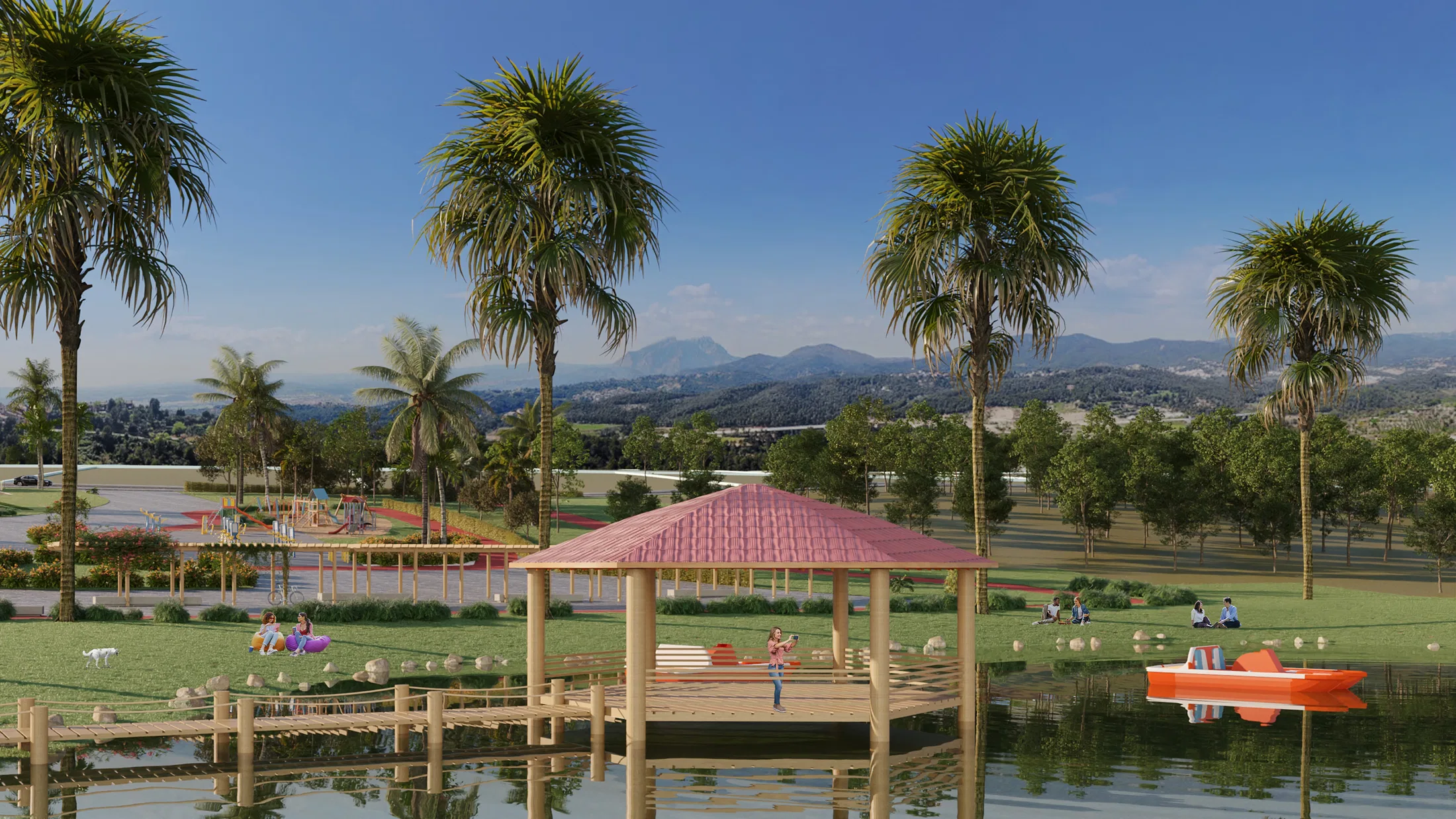 Gazebo de telhado tabaco sobre deck de madeira à beira de um lago com pedalinho vermelho, palmeiras altas e montanhas distantes