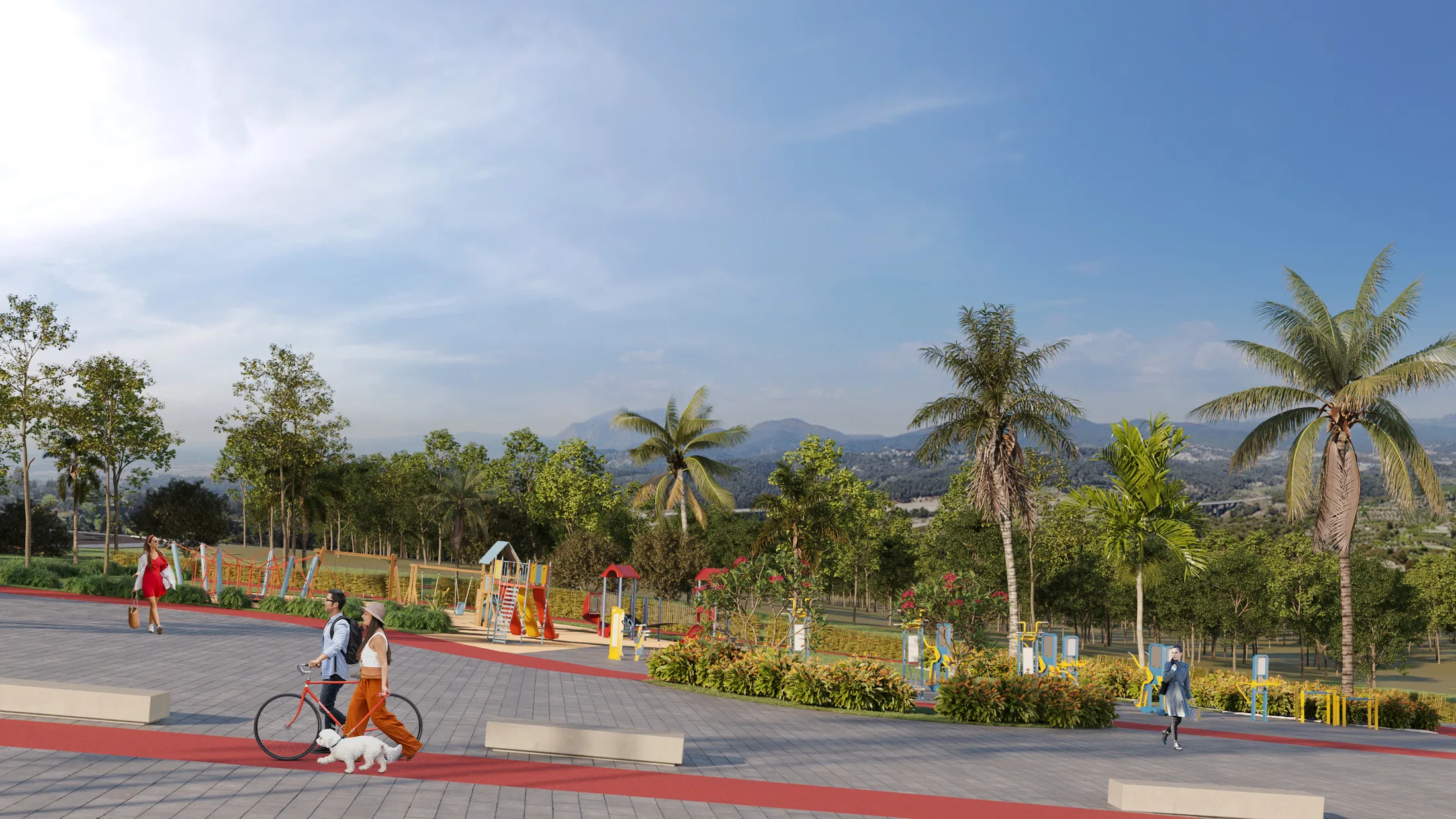 Praça pavimentada com ciclovia vermelha e pessoas caminhando, uma com bicicleta e cachorro, playground colorido e palmeiras ao fundo