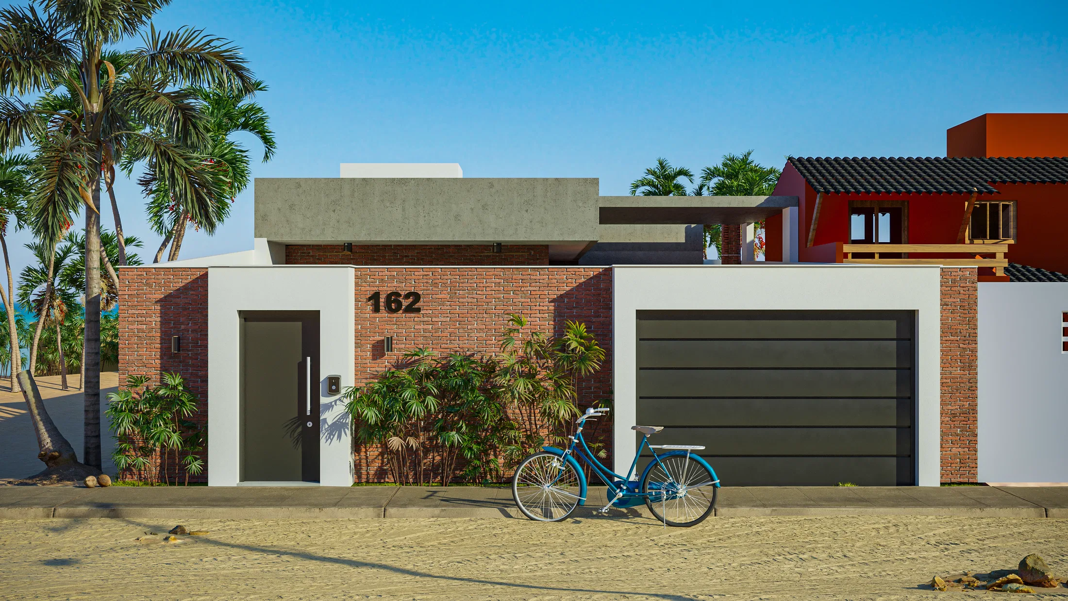 Fachada principal da residência de praia com destaque para o tijolo aparente e entrada. — GRON 3D