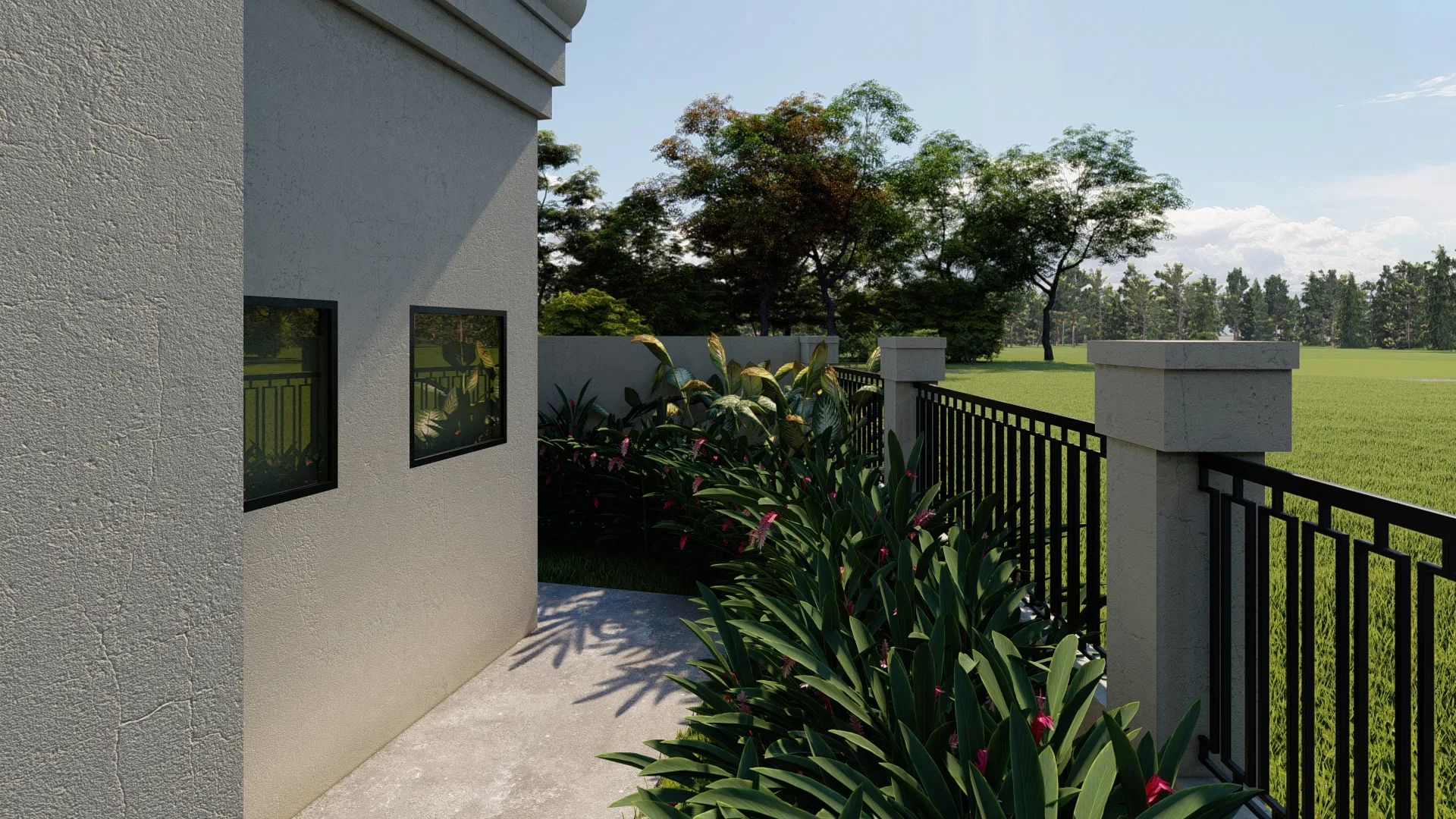 Fachada lateral da casa com pequenas janelas e caminho de concreto, gradil com pilar de alvenaria e arbusto de folhas longas com botões rosados.