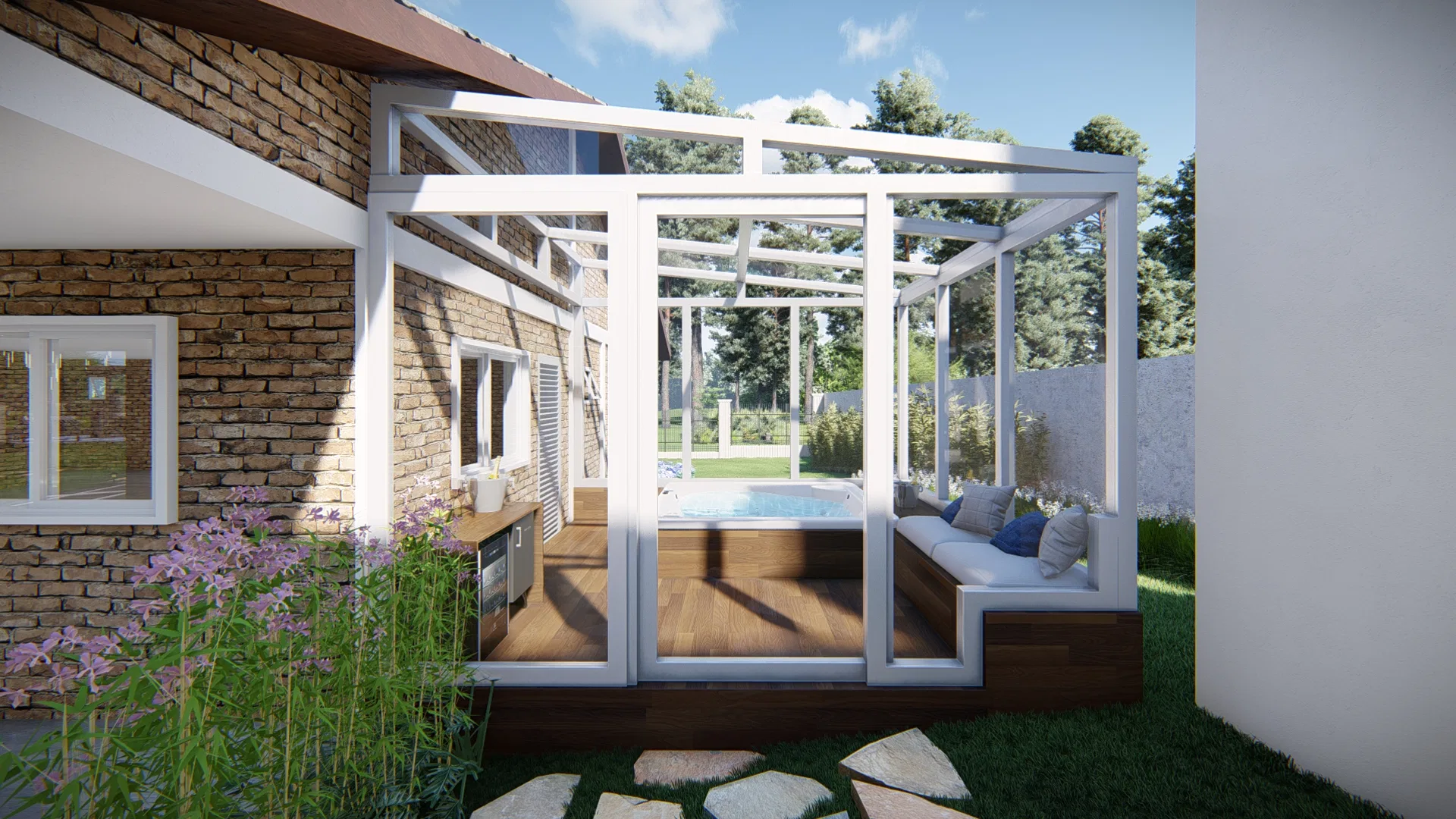 Spa envidraçado junto à fachada em tijolos aparentes, com banco de estar interno e vista para o jardim
