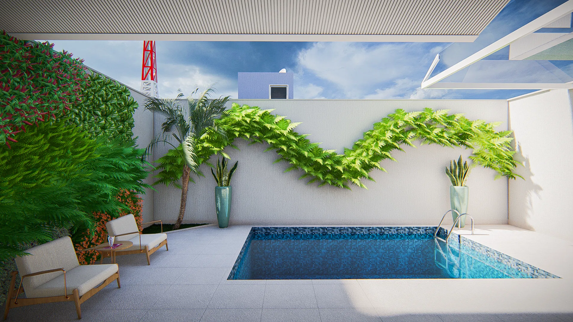 Vista ampla do pátio com piscina, espreguiçadeiras claras e samambaias desenhando uma onda verde sobre o muro branco