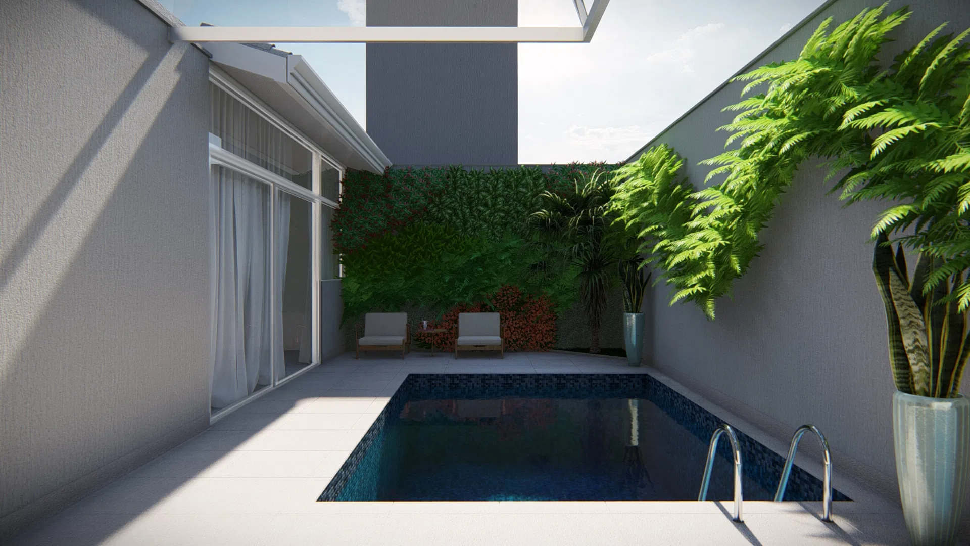 Ângulo a partir das portas de vidro, com piscina escura refletindo o pátio e poltronas junto ao jardim vertical