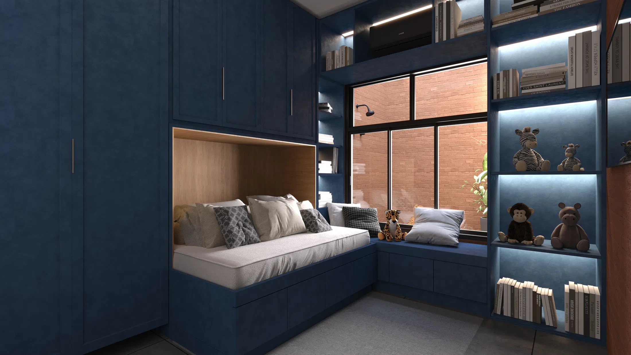 Quarto infantil com marcenaria azul, cama embutida em nicho de madeira, assento na janela e estante iluminada com livros e bichos de pelúcia