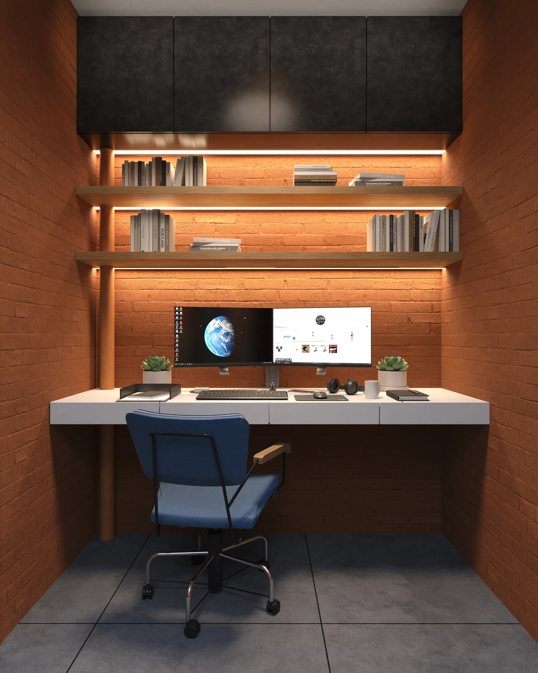 Home office compacto entre paredes de tijolo, bancada branca suspensa, cadeira azul e prateleiras retroiluminadas com livros e monitor ultrawide