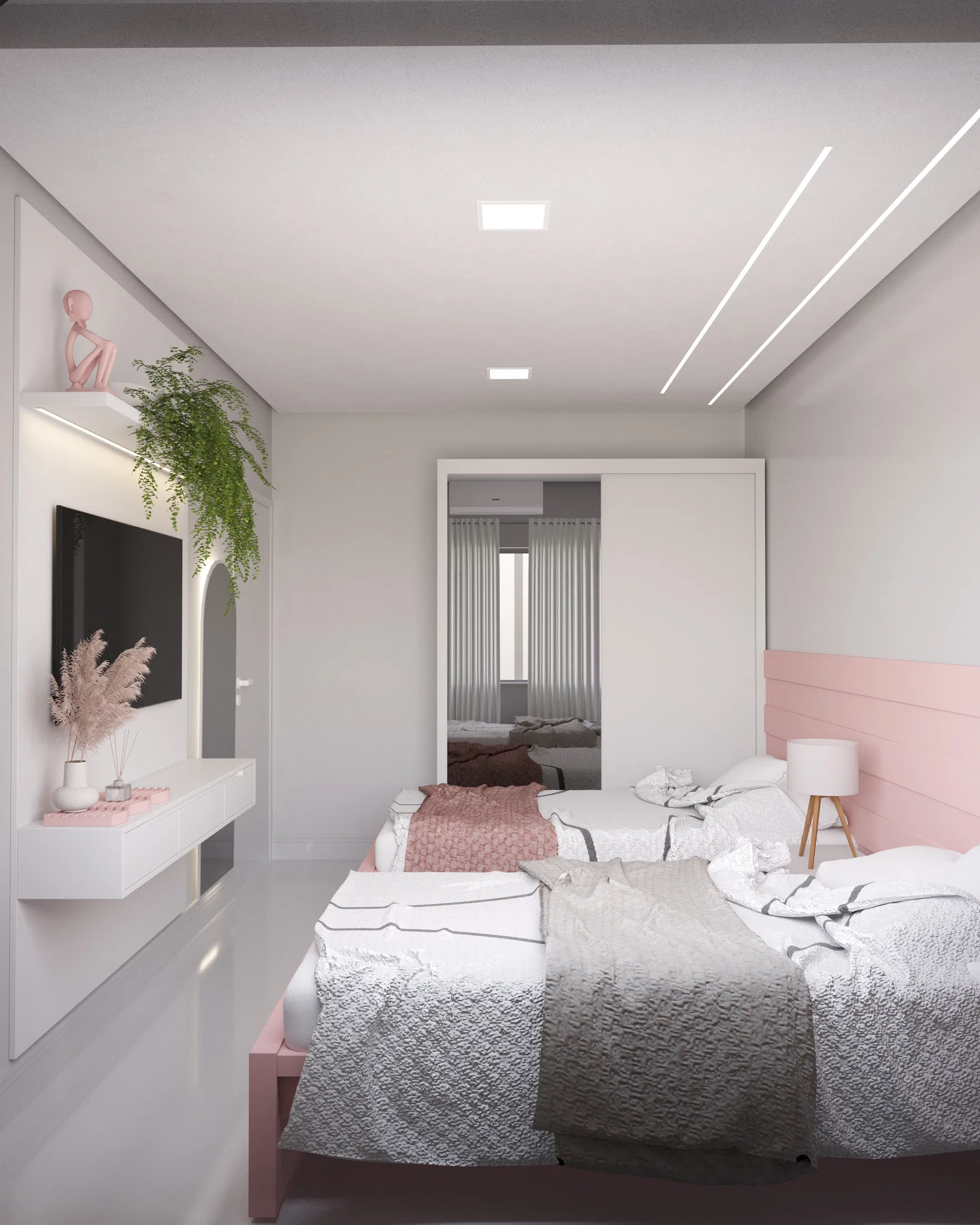 Quarto em tons de rosa e cinza com duas camas de solteiro, painel de TV com nicho arqueado e planta pendente