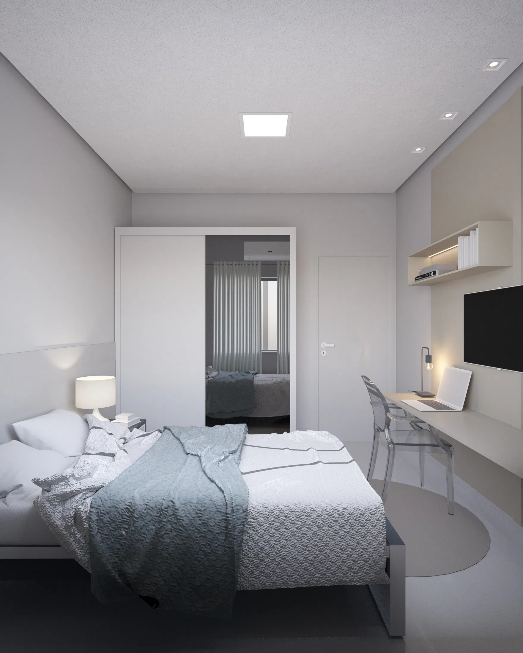 Quarto cinza minimalista com cama de casal, bancada de estudo, cadeira transparente e guarda-roupa com portas espelhadas