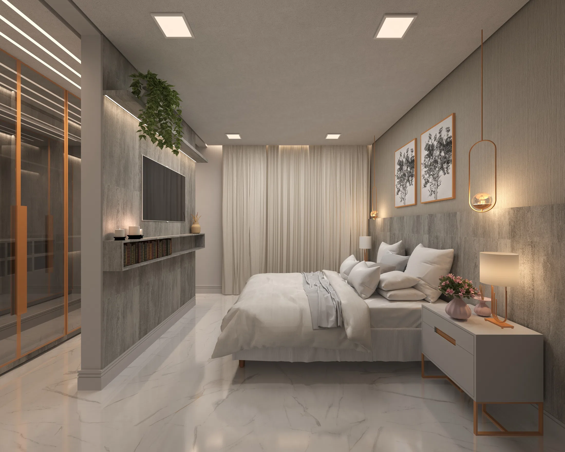 Quarto em tons quentes com cabeceira estofada, cortinas claras, quadros florais emoldurados em dourado e luminárias pendentes junto à cômoda