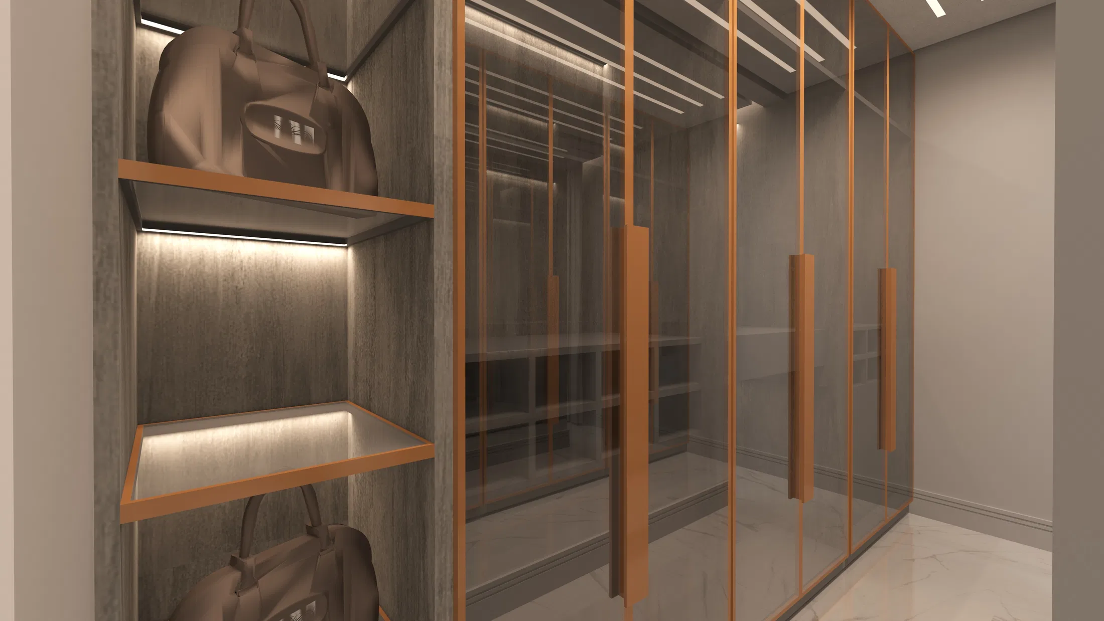 Closet com portas de vidro emolduradas em latão e prateleiras iluminadas exibindo bolsas de couro