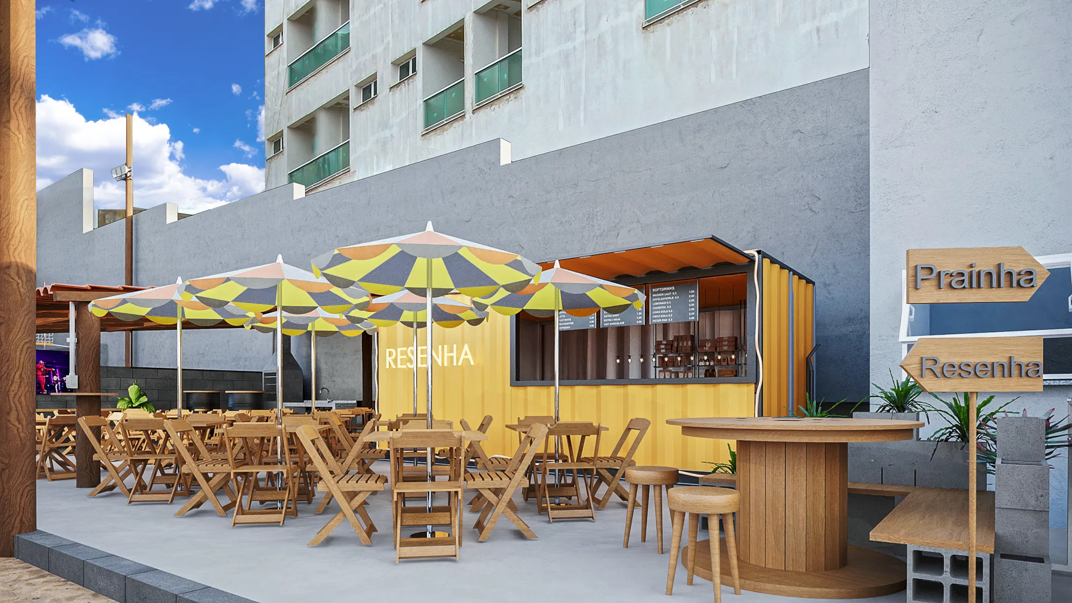 Bar amarelo 'Resenha' com guarda-sóis geométricos coloridos, mesas e cadeiras dobráveis de madeira, balcão de barril e placas indicando Prainha e Resenha