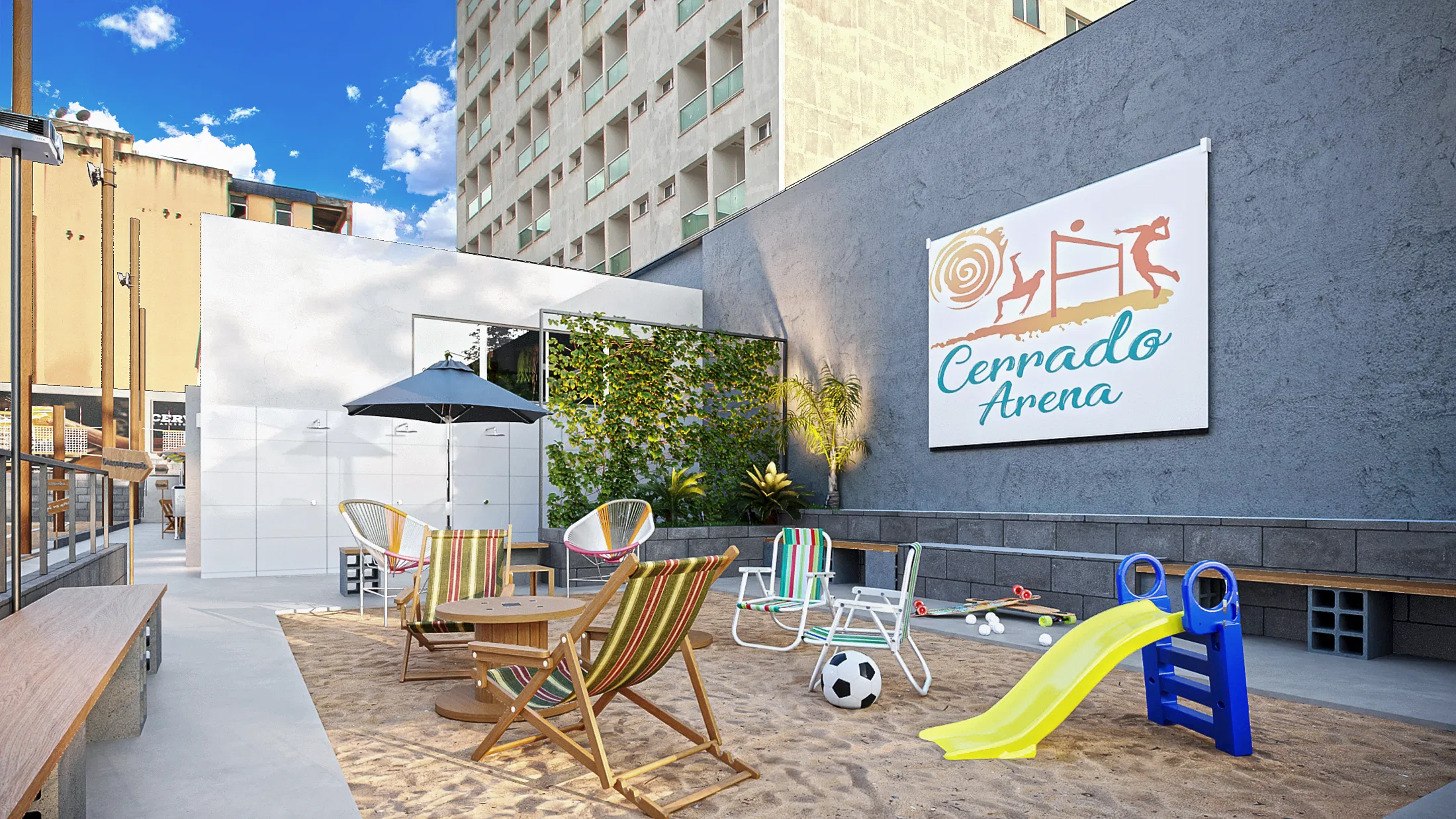 Área kids sobre areia, com espreguiçadeiras listradas, cadeiras coloridas, escorregador infantil, bola e a placa Cerrado Arena na parede de blocos