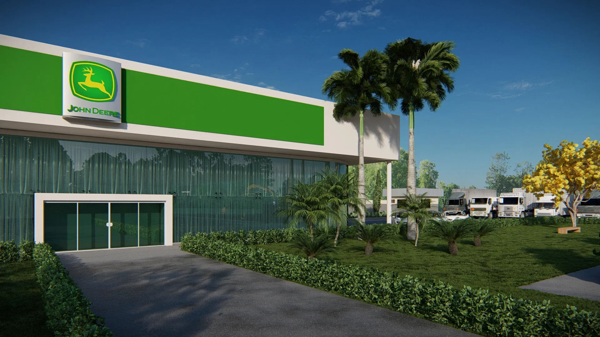 Vista lateral da fachada com logotipo John Deere, entrada envidraçada, palmeiras altas e área de estacionamento de veículos ao fundo