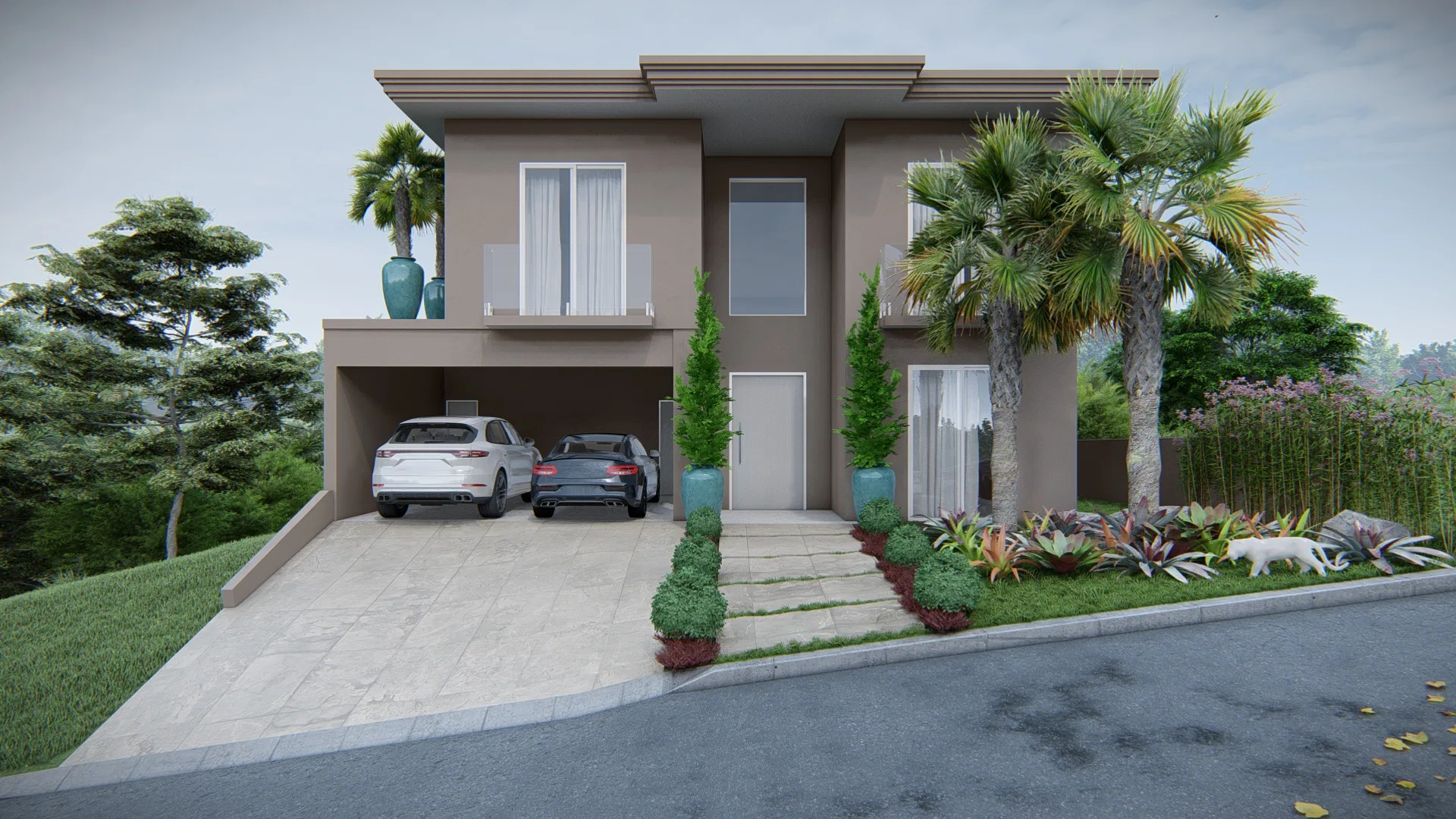 Fachada de casa de dois pavimentos em tom taupe, com garagem coberta, palmeiras altas e jardim tropical em camadas junto ao acesso
