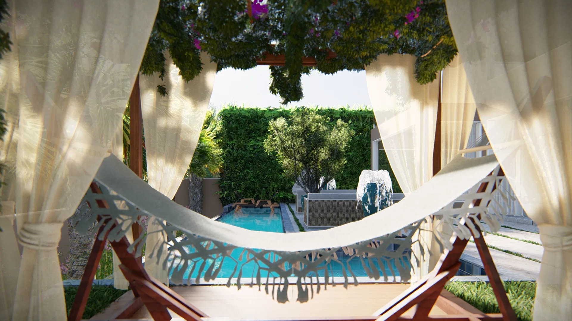 Rede de tecido com franjas emoldurada por cortinas brancas esvoaçantes, abrindo para a piscina, uma sebe verde aparada e a oliveira ao fundo