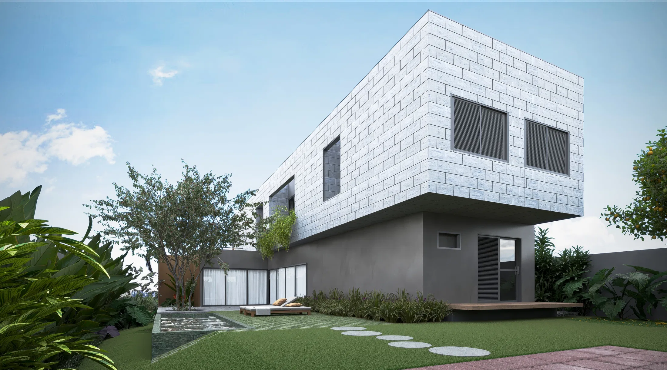 Volume superior em tijolo branco em balanço sobre base cinza, jardim com árvore, chaises e passadeira de discos no gramado