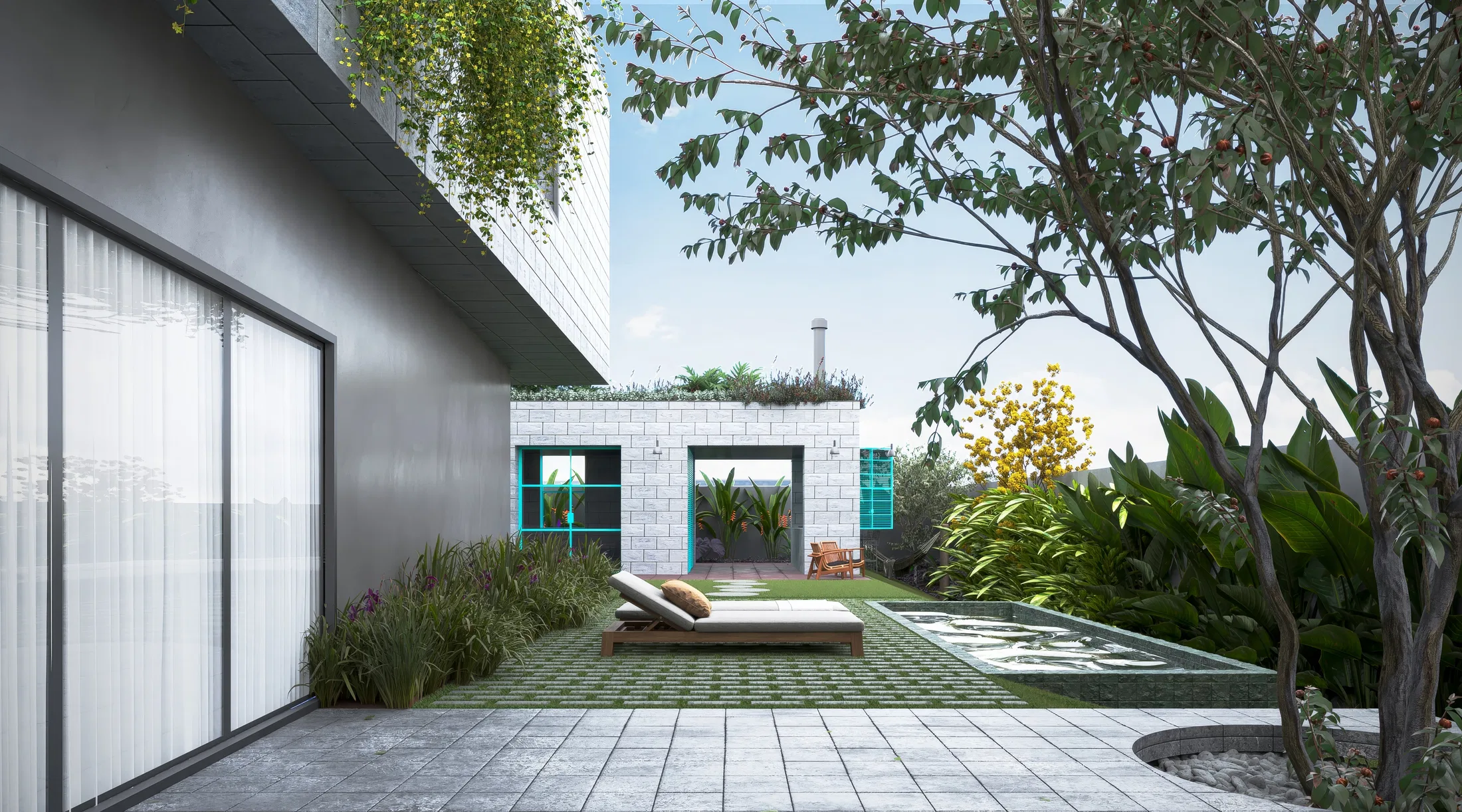Terraço de pedra com chaise sobre grama, estrutura de jardim em tijolo branco com portas turquesa e árvore de sombra ao lado