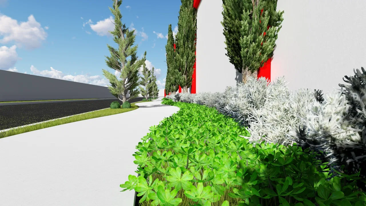 Detalhe do canteiro rente ao muro, com forração verde exuberante e arbustos prateados sob ciprestes, ao lado do passeio branco.