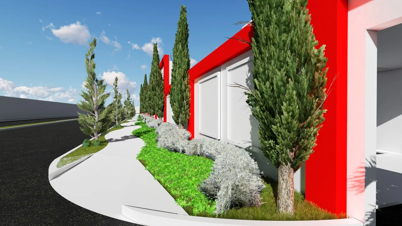 Jardim estreito rente à fachada vermelha, com ciprestes, forração verde e arbustos prateados ao longo de calçada branca curva.