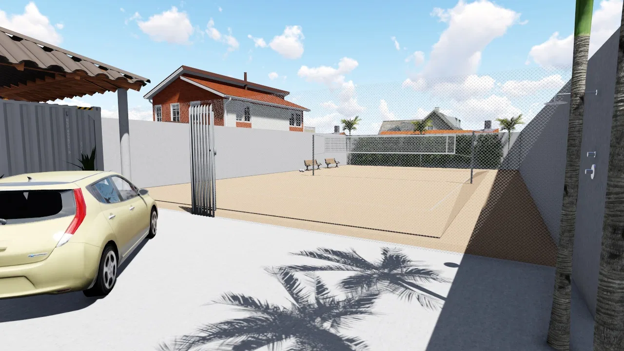 Quadra de areia com rede e portão de acesso, bancos de madeira e sombra de palmeira projetada sobre a areia clara.