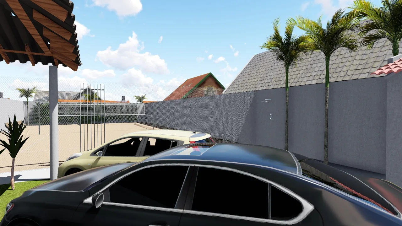 Plano elevado sobre os carros estacionados, com portão de tela, palmeiras rente ao muro e telhados das casas vizinhas ao fundo.