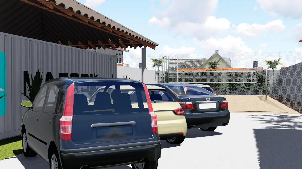 Estacionamento coberto com três carros lado a lado, contêiner escuro à esquerda e portão de tela metálica ao fundo.