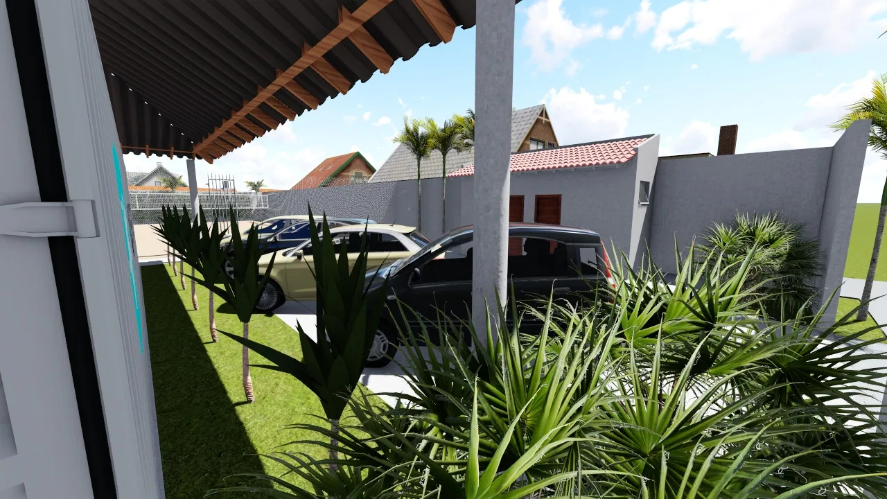 Vista desde o pergolado sobre o jardim, com agaves e palmeiras jovens, gramado, carros estacionados e muros cinza ao redor.