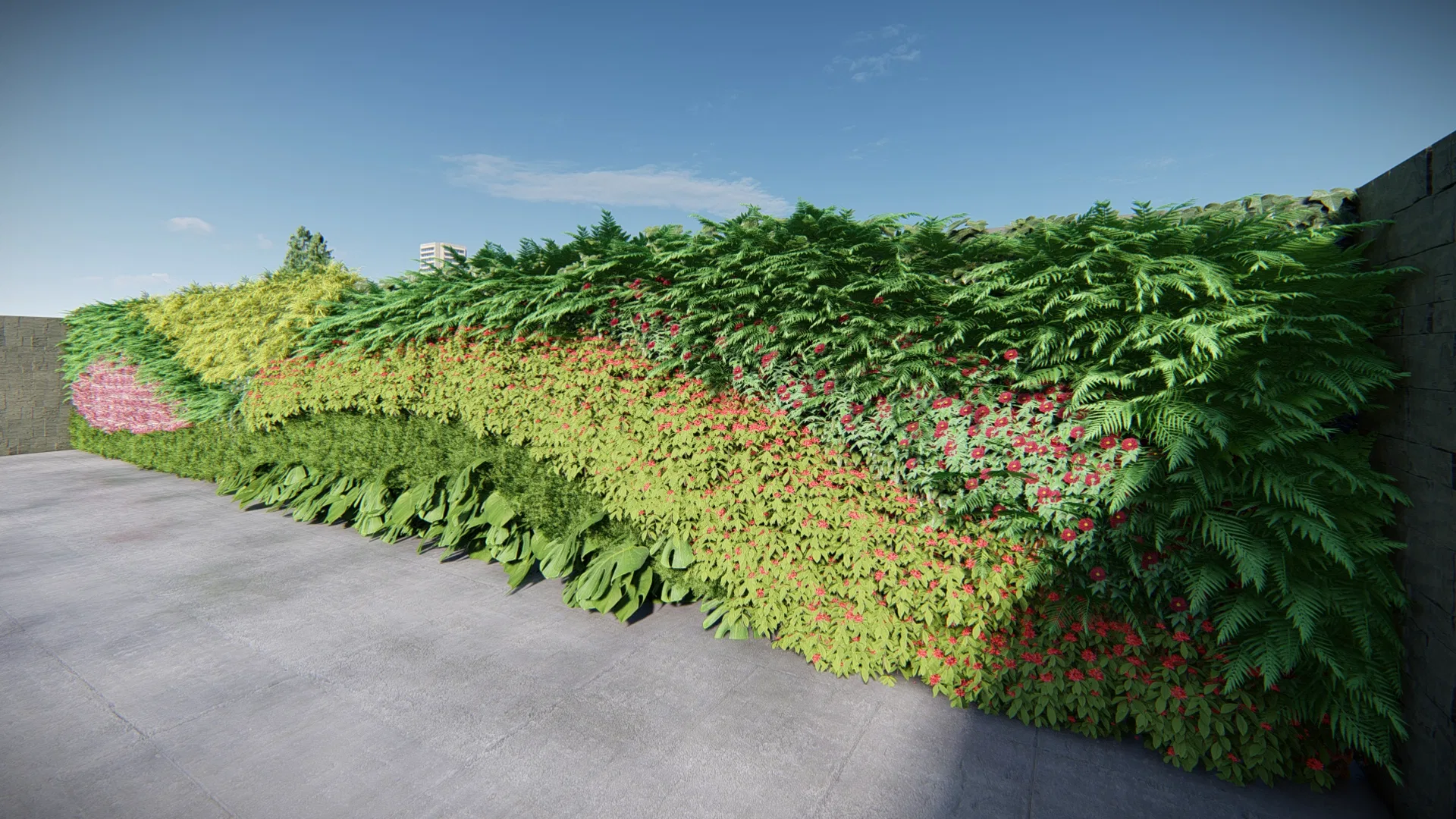Vista em perspectiva do jardim vertical mostra a profundidade da vegetação, com samambaias densas e flores vermelhas descendo até o piso de concreto.