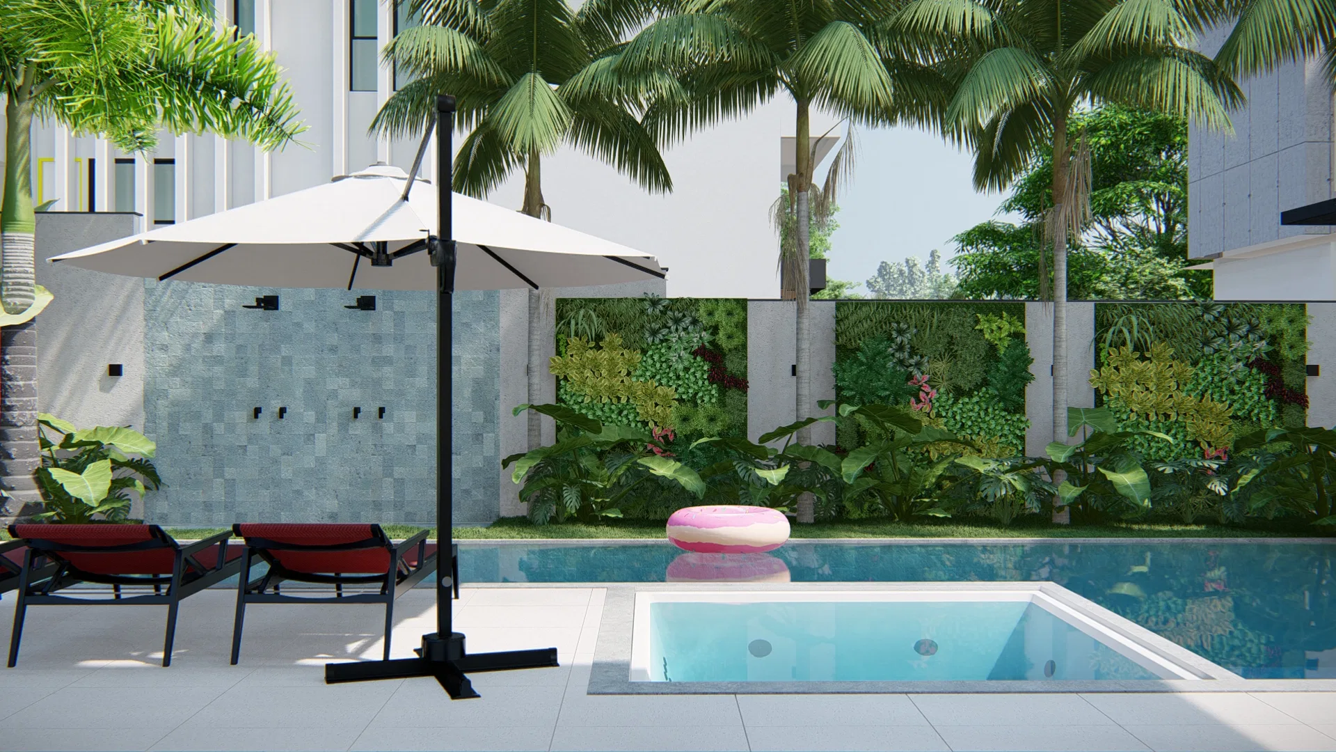Deck de piscina com jacuzzi embutida, espreguiçadeiras vermelhas sob guarda-sol e painel de jardim vertical ao fundo