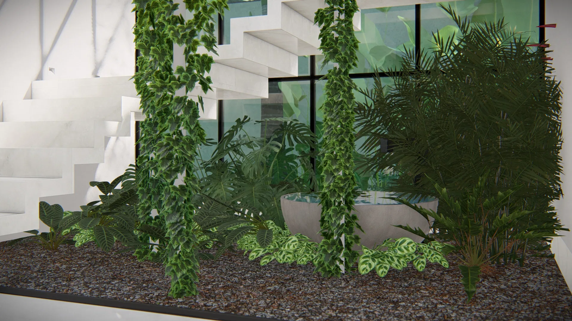 Jardim de inverno sob escada de concreto, com trepadeiras, monstera, calatéias e vaso d'água sobre canteiro de brita