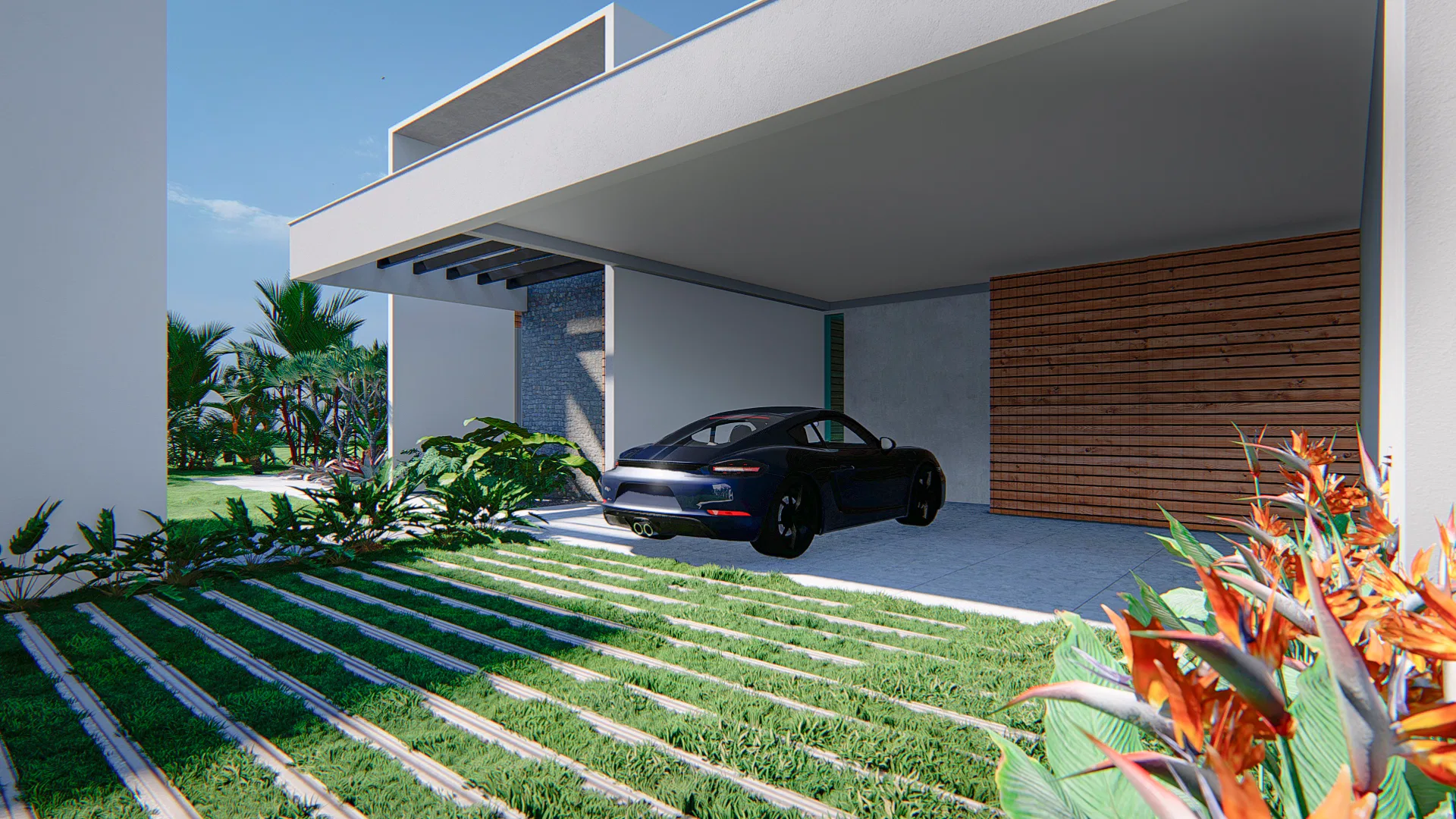 Garagem coberta por laje em balanço com carro esportivo escuro, piso de faixas de grama entre placas e folhagens tropicais em primeiro plano
