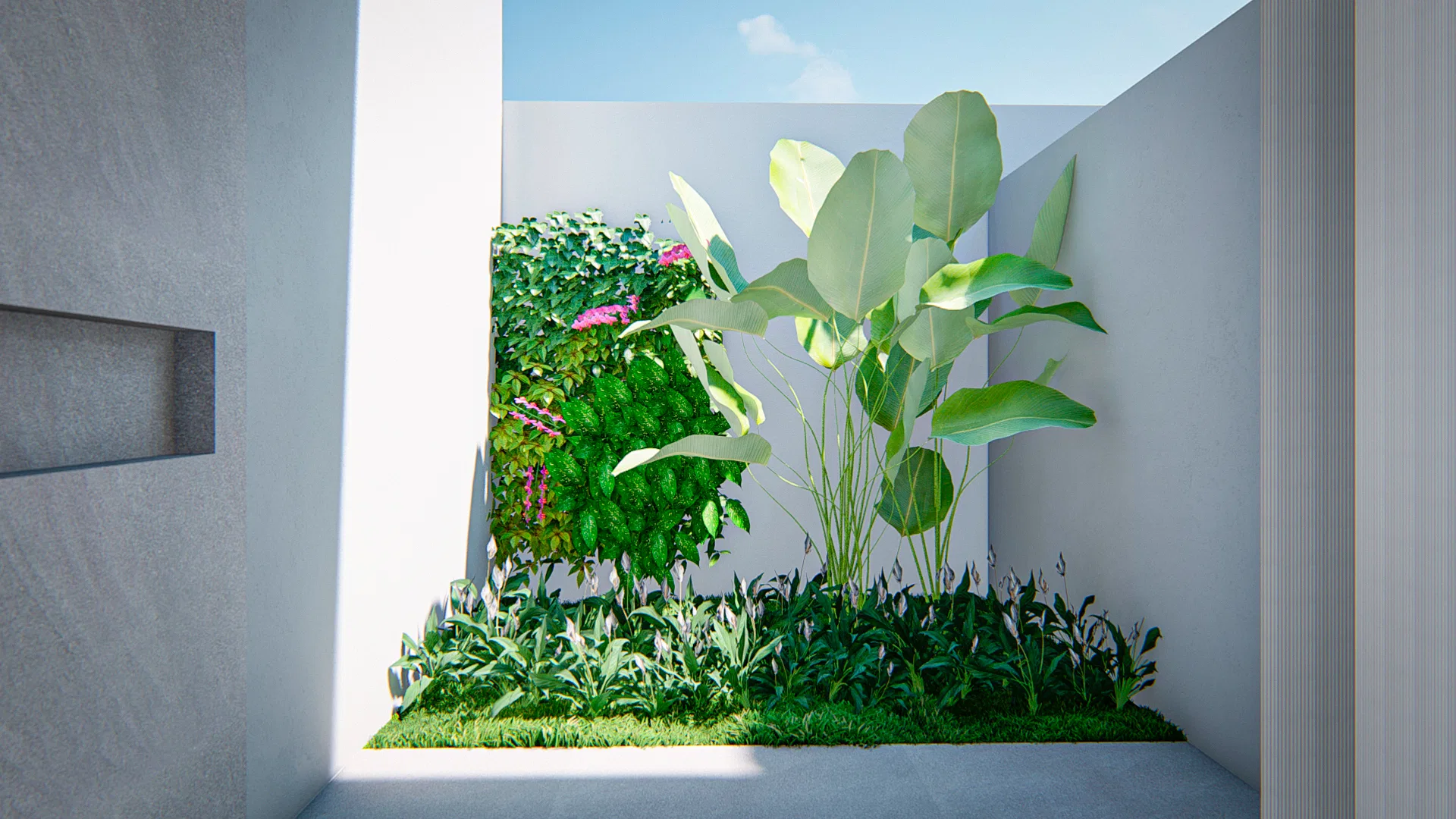 Pátio interno fechado com jardim vertical florido em rosa e estrelítzia sobre forração baixa, entre paredes claras e um nicho