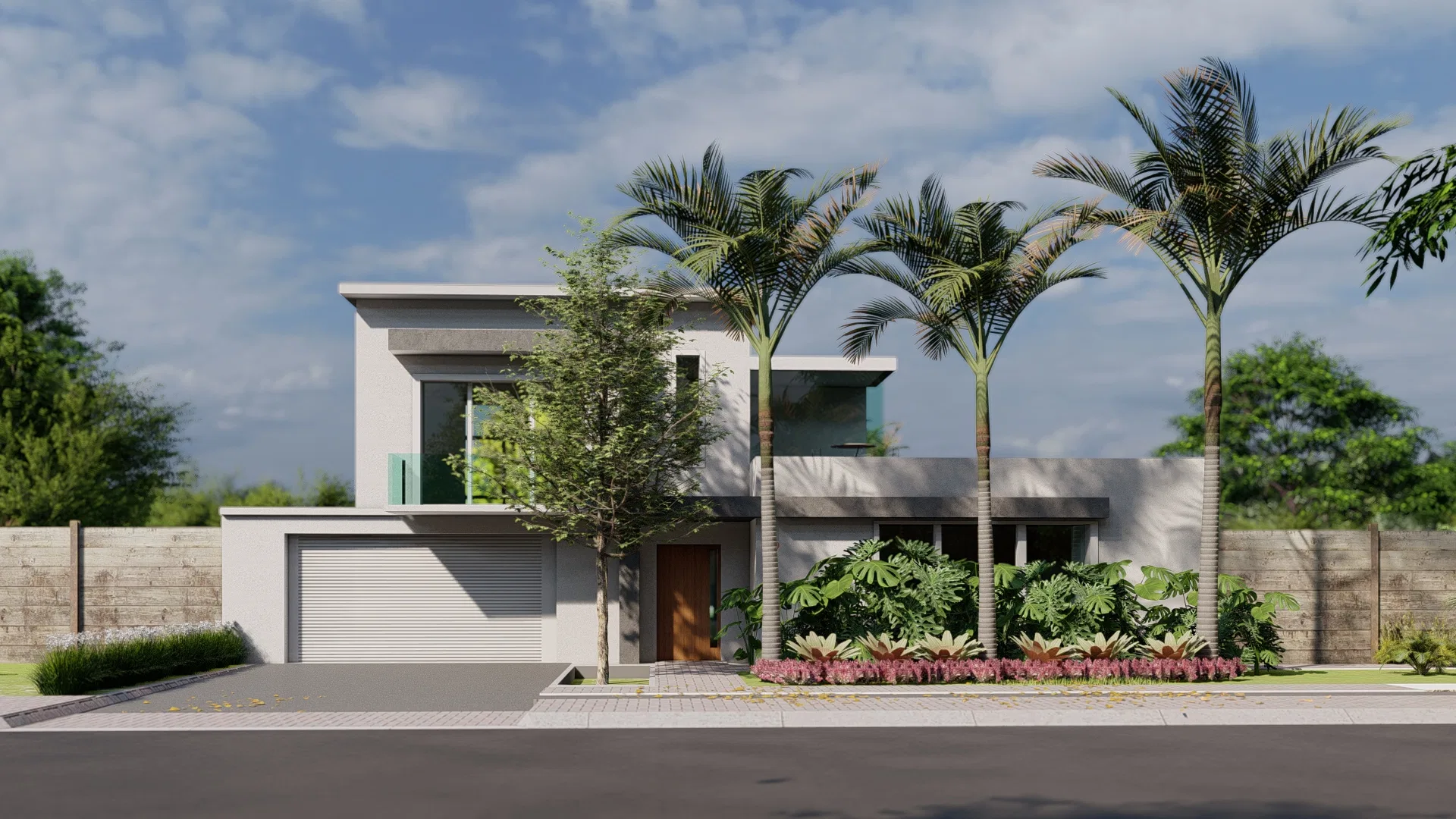 Fachada frontal de residência moderna com garagem, palmeiras e canteiro florido tropical junto à entrada