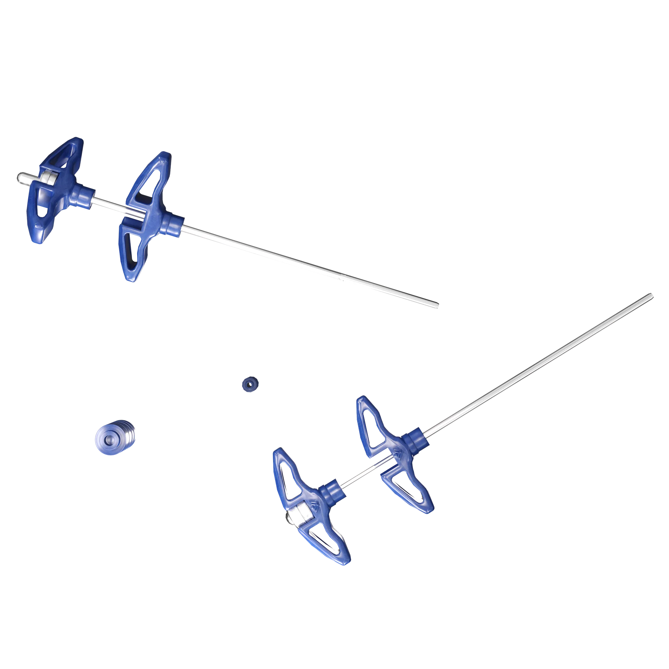 Dispositivos de agulha com cabo em T flutuando sobre fundo escuro em ângulos opostos, com um anel pequeno e um componente cilíndrico à esquerda.