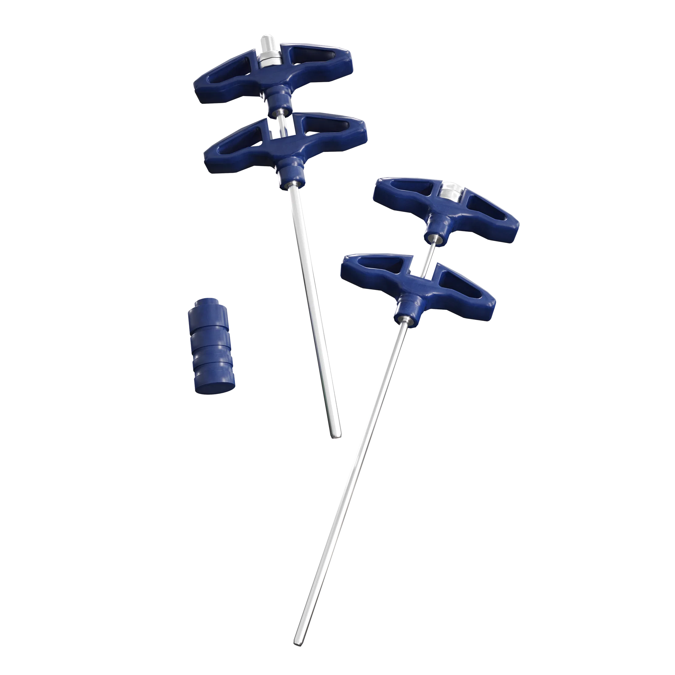 Dois dispositivos de agulha com cabo em T azul dispostos lado a lado sobre fundo escuro, com um componente cilíndrico menor à esquerda.