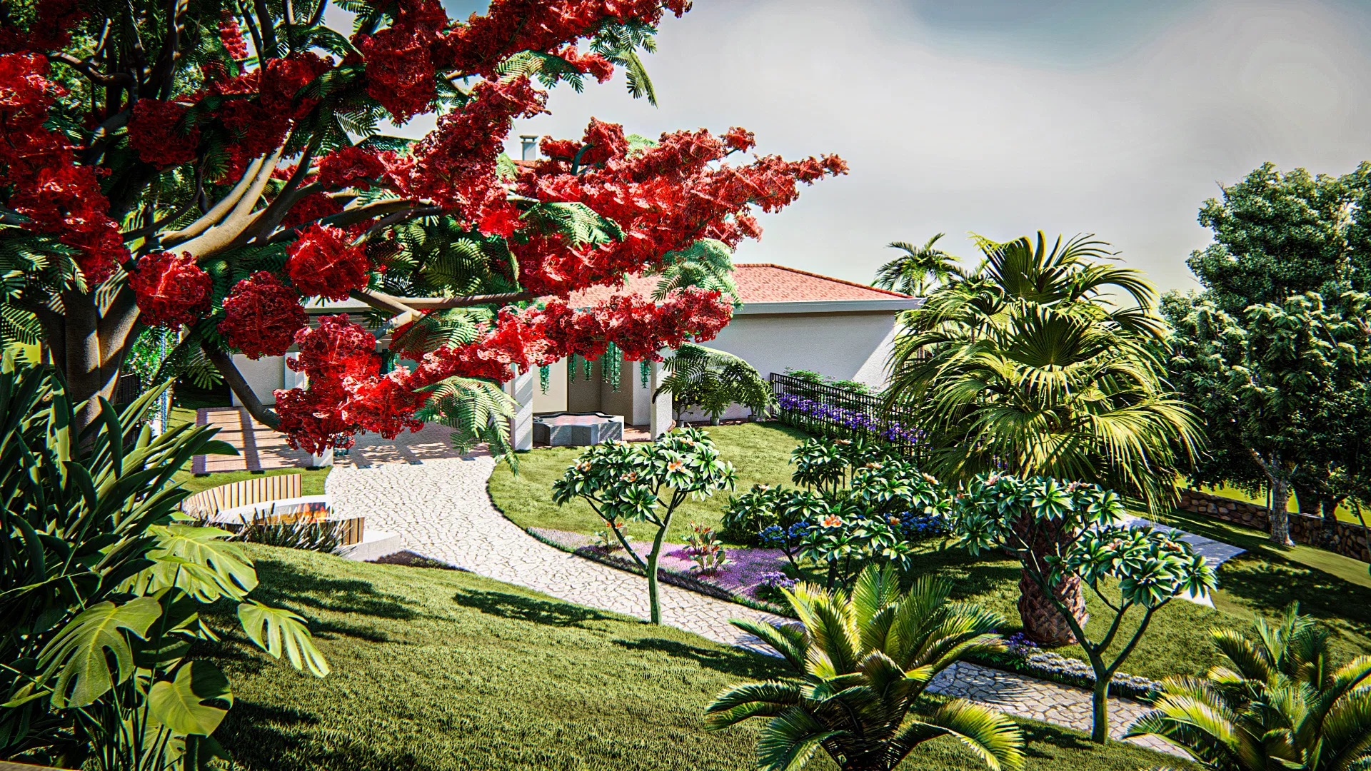 Jardim tropical com flamboyant em plena floração vermelha, caminho sinuoso de pedra e plantio em camadas diante da residência clara.