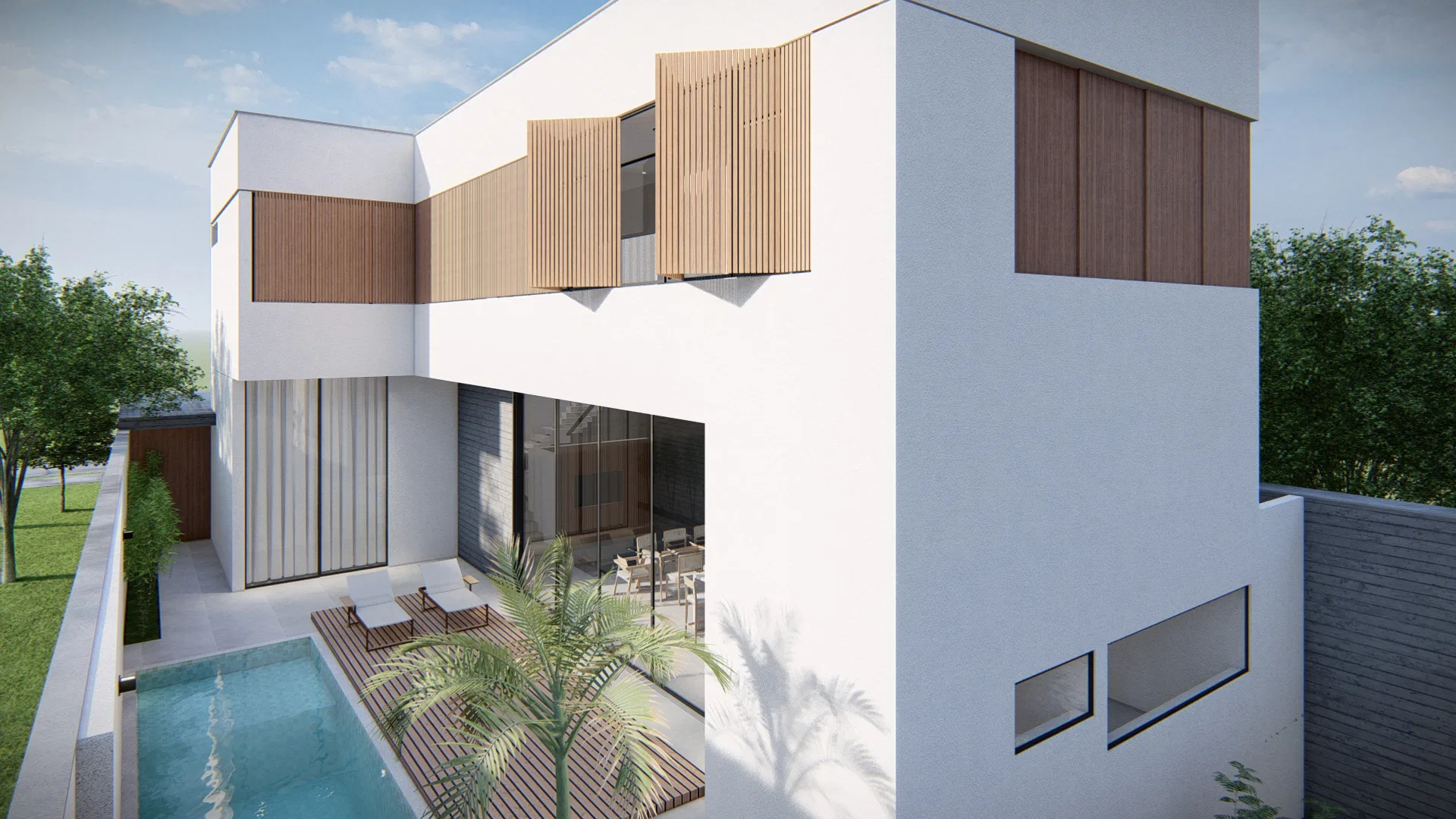 Fachada em ângulo mais próximo, com painéis de ripas de madeira de alturas distintas, portas de vidro para a sala e borda da piscina em primeiro plano