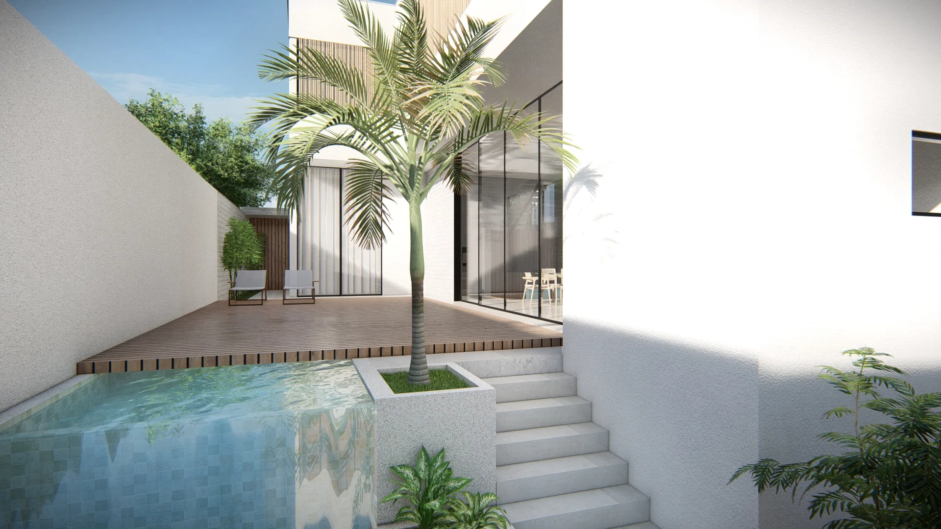 Deck de madeira junto à piscina, com palmeira centralizada, portas de vidro para a área social e escada de acesso ao pavimento superior