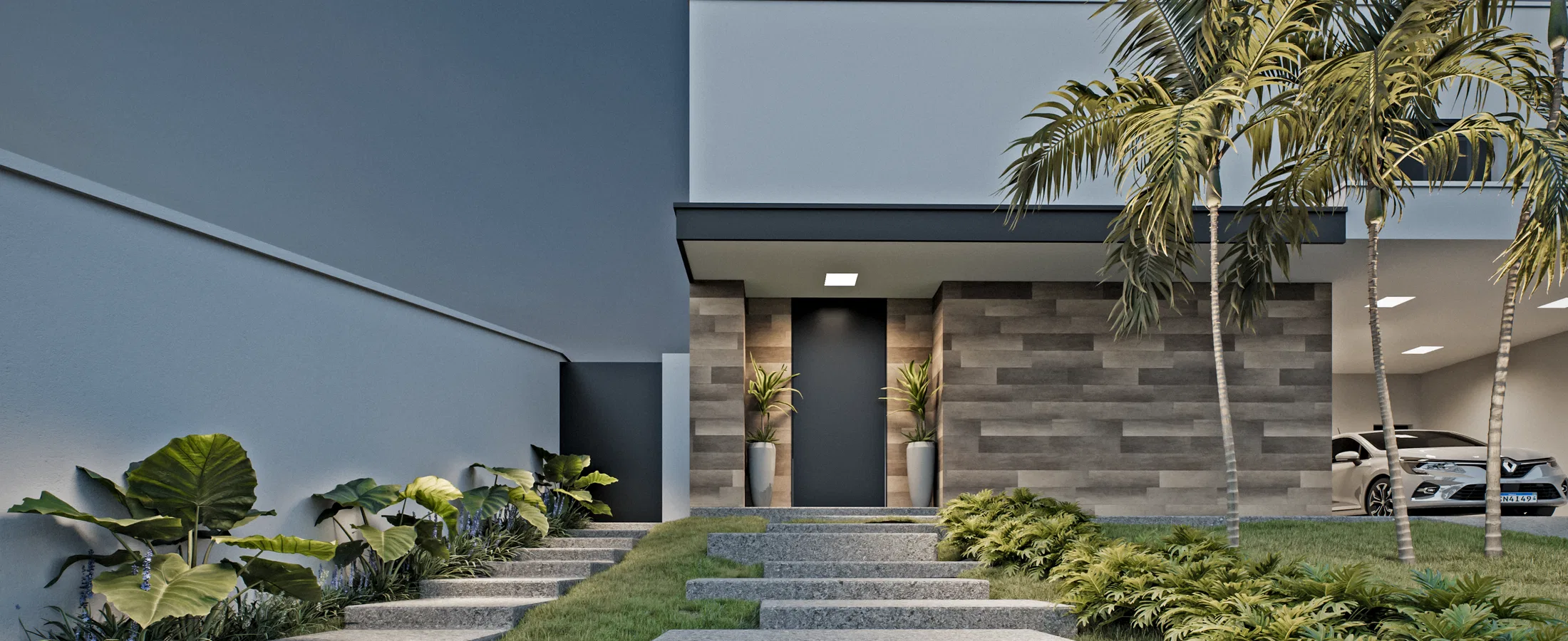 Vista angular da entrada com escada de pedra, vasos junto à porta, alocásias à esquerda, palmeiras à direita e garagem coberta ao fundo.