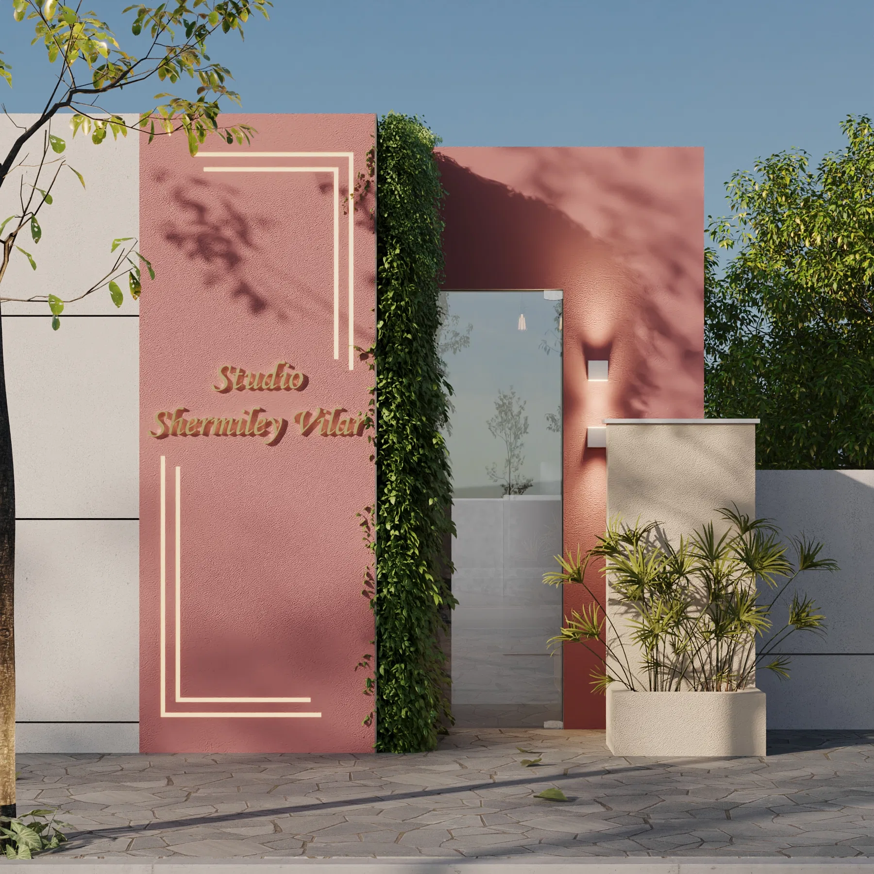 Fachada terracota com nome do studio em relevo dourado, jardim vertical e plantas emoldurando a entrada de vidro