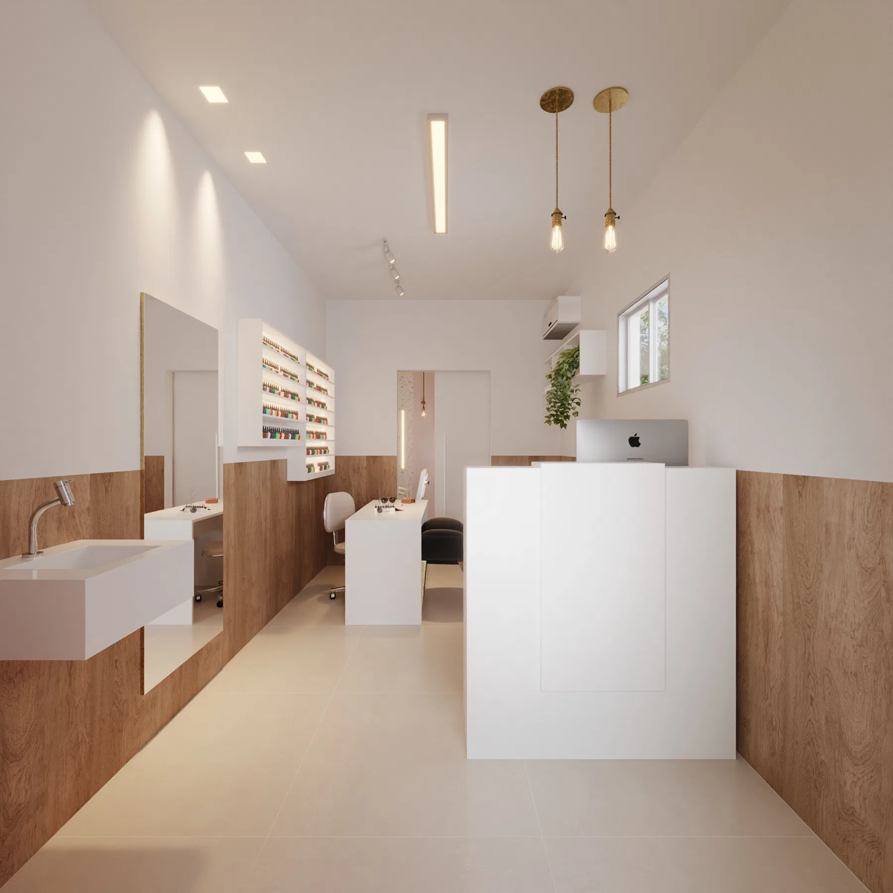 Corredor interno com bancada de esmaltes em prateleiras brancas, mesa de manicure e recepção com computador ao fundo