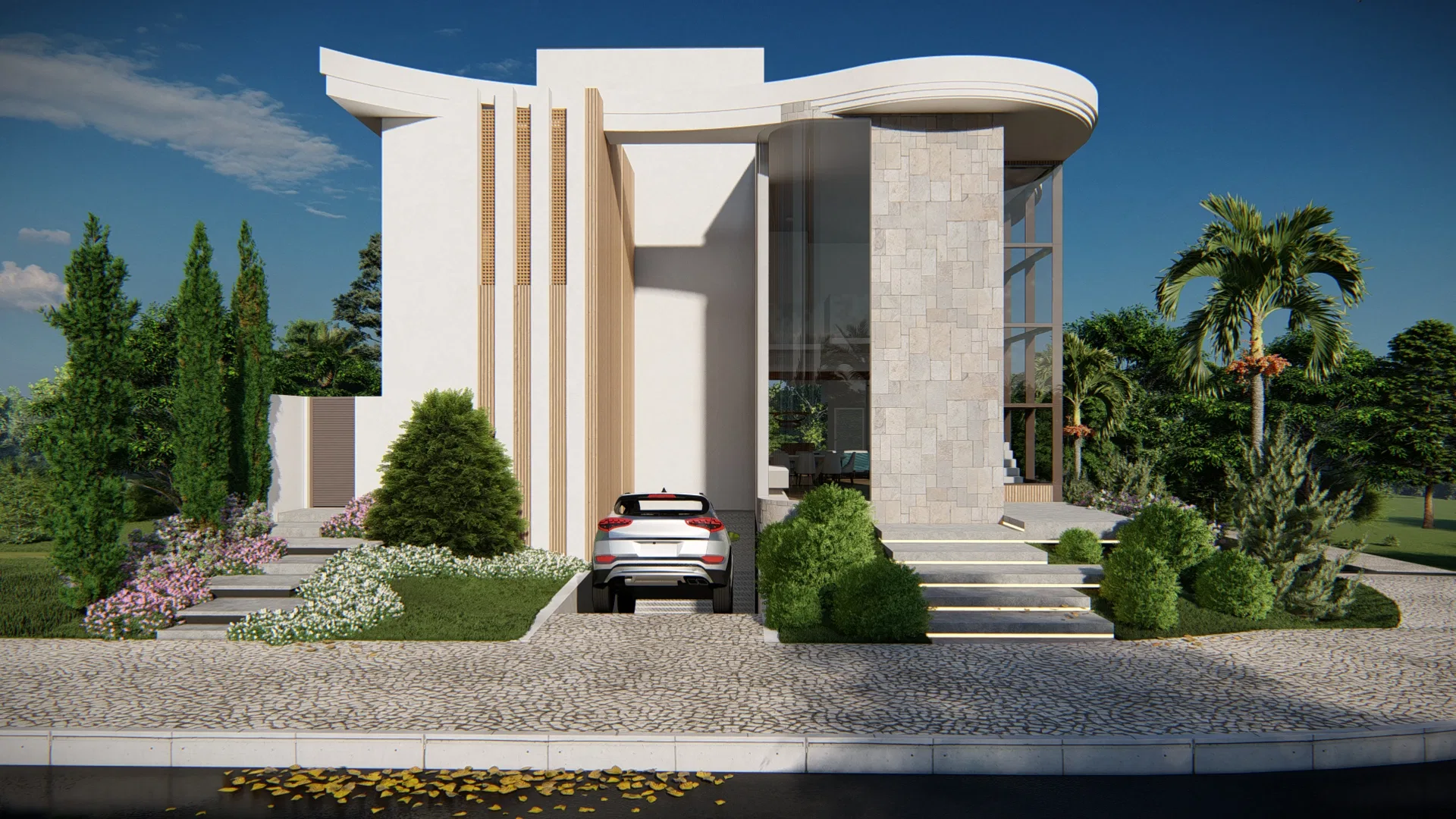 Fachada frontal de volumes brancos curvos com detalhes de madeira, garagem com veículo, coníferas laterais e canteiros floridos sobre piso de seixos