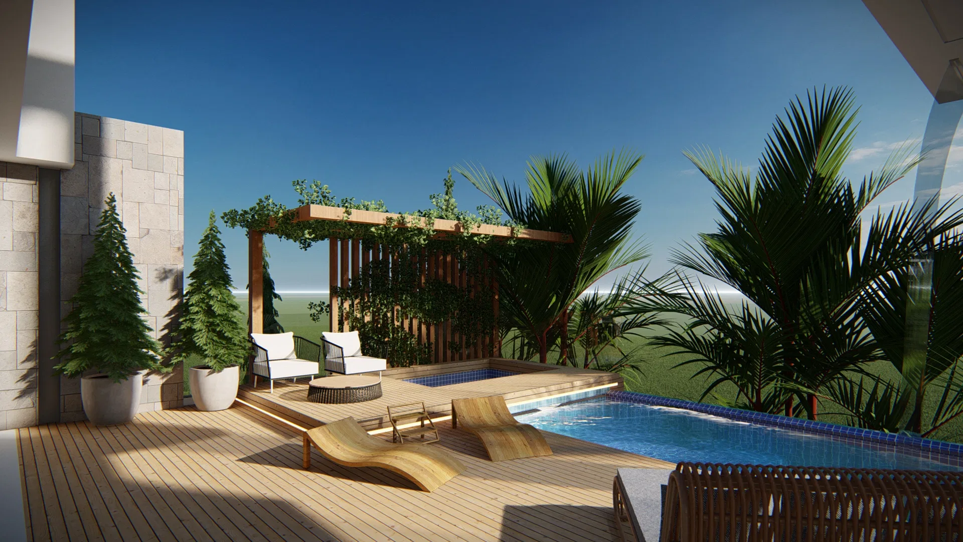 Deck de piscina em madeira com pergolado vegetado, poltronas e espreguiçadeiras, coníferas em vasos e vista aberta para o horizonte