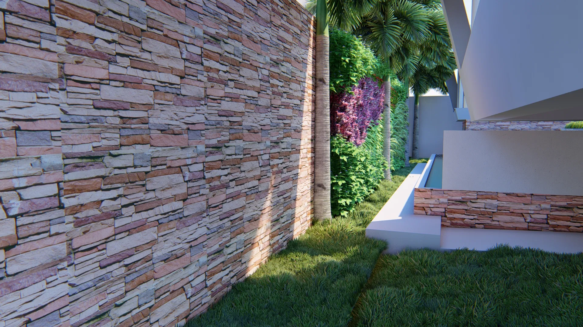 Vista da piscina com borda infinita e área de deck adjacente, em um ambiente de paisagismo moderno. — GRON 3D