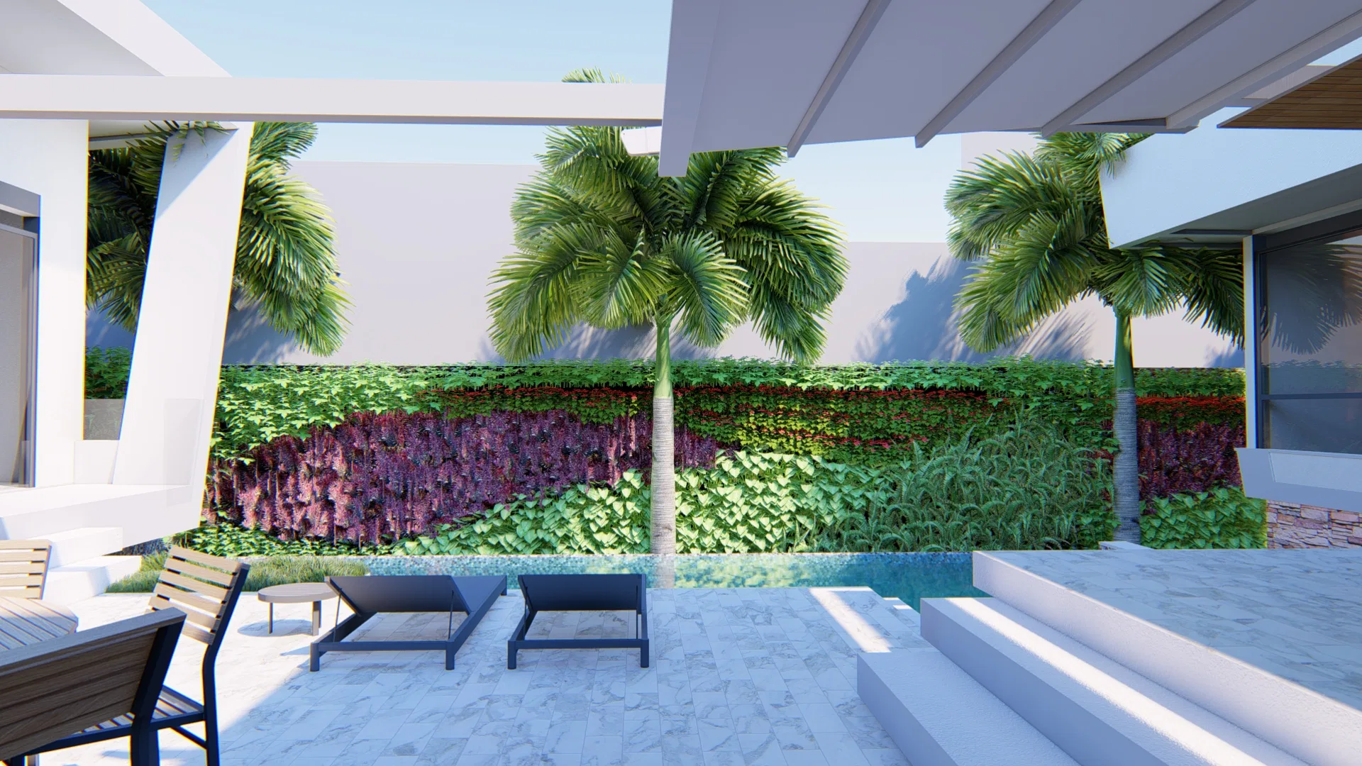 Vista aérea de uma residência com piscina, deck de madeira e área de estar externa, integrada ao paisagismo. — GRON 3D