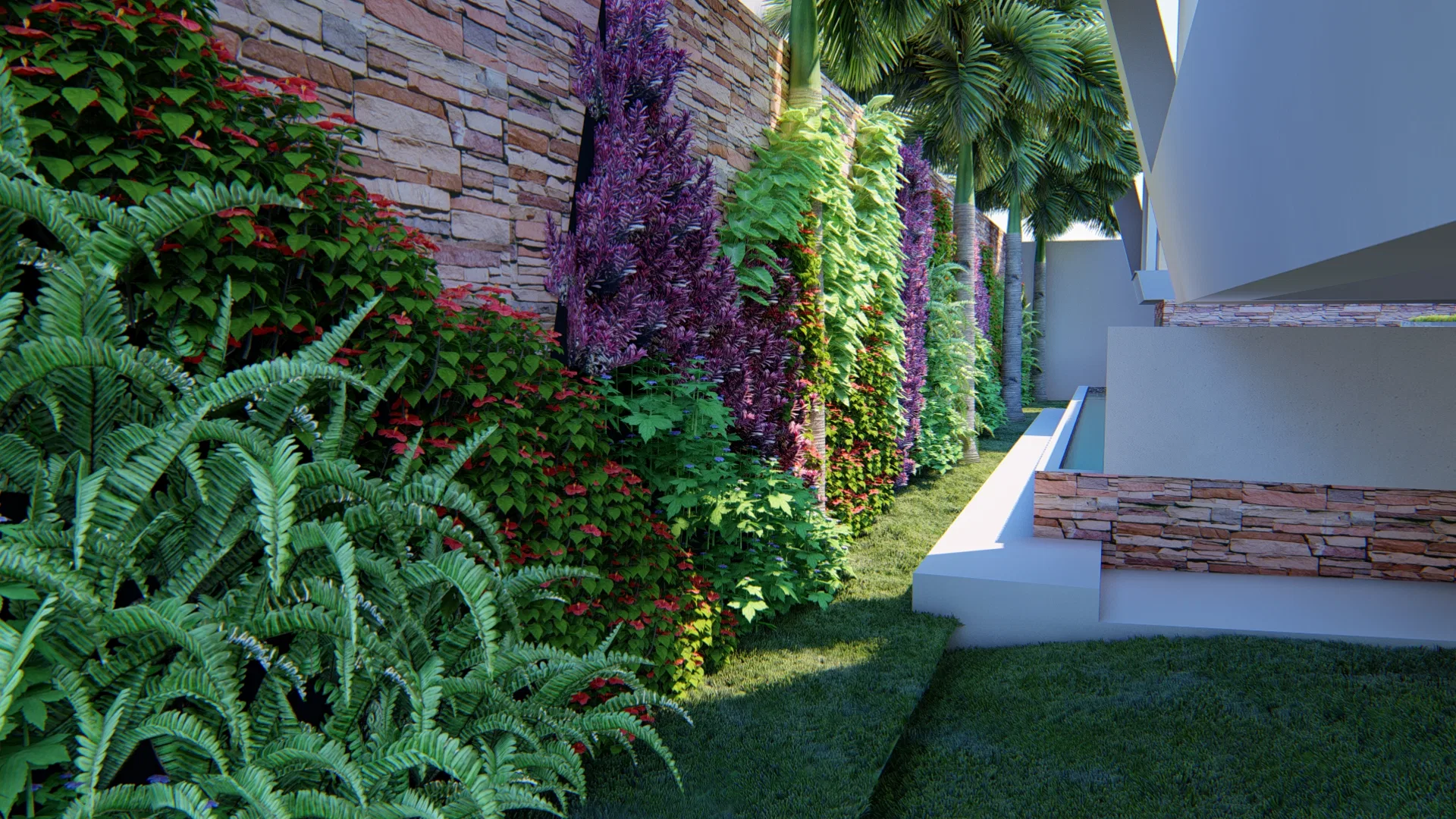 Ambiente externo de lazer com poltronas e mesa baixa, rodeado por plantas ornamentais e iluminação sutil. — GRON 3D