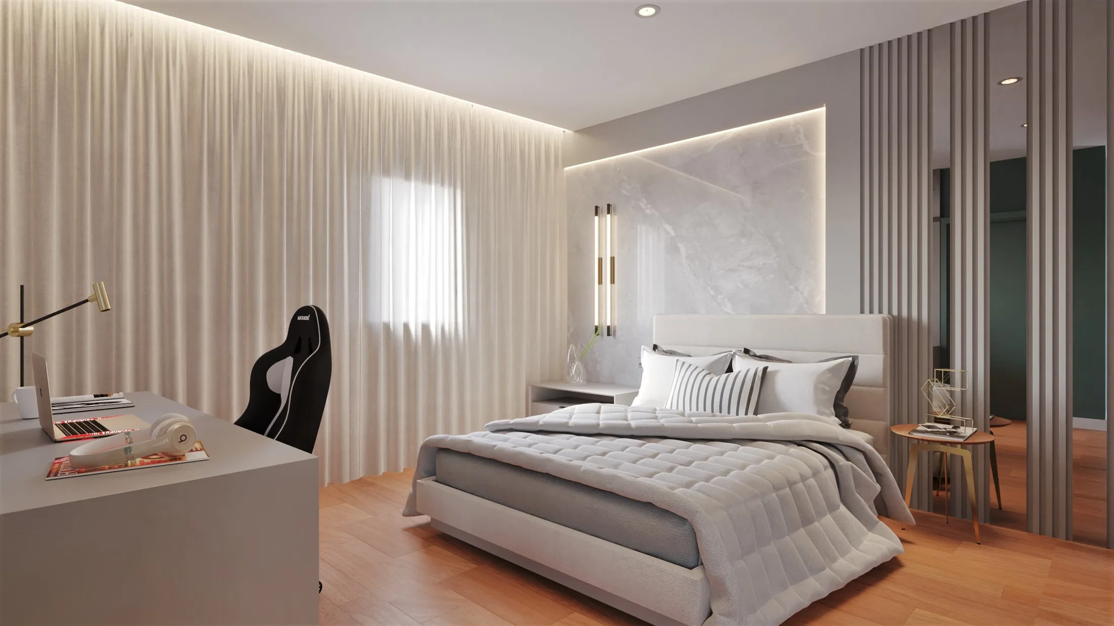 Quarto com cortinas longas, cabeceira em mármore com iluminação embutida e mesa lateral em madeira